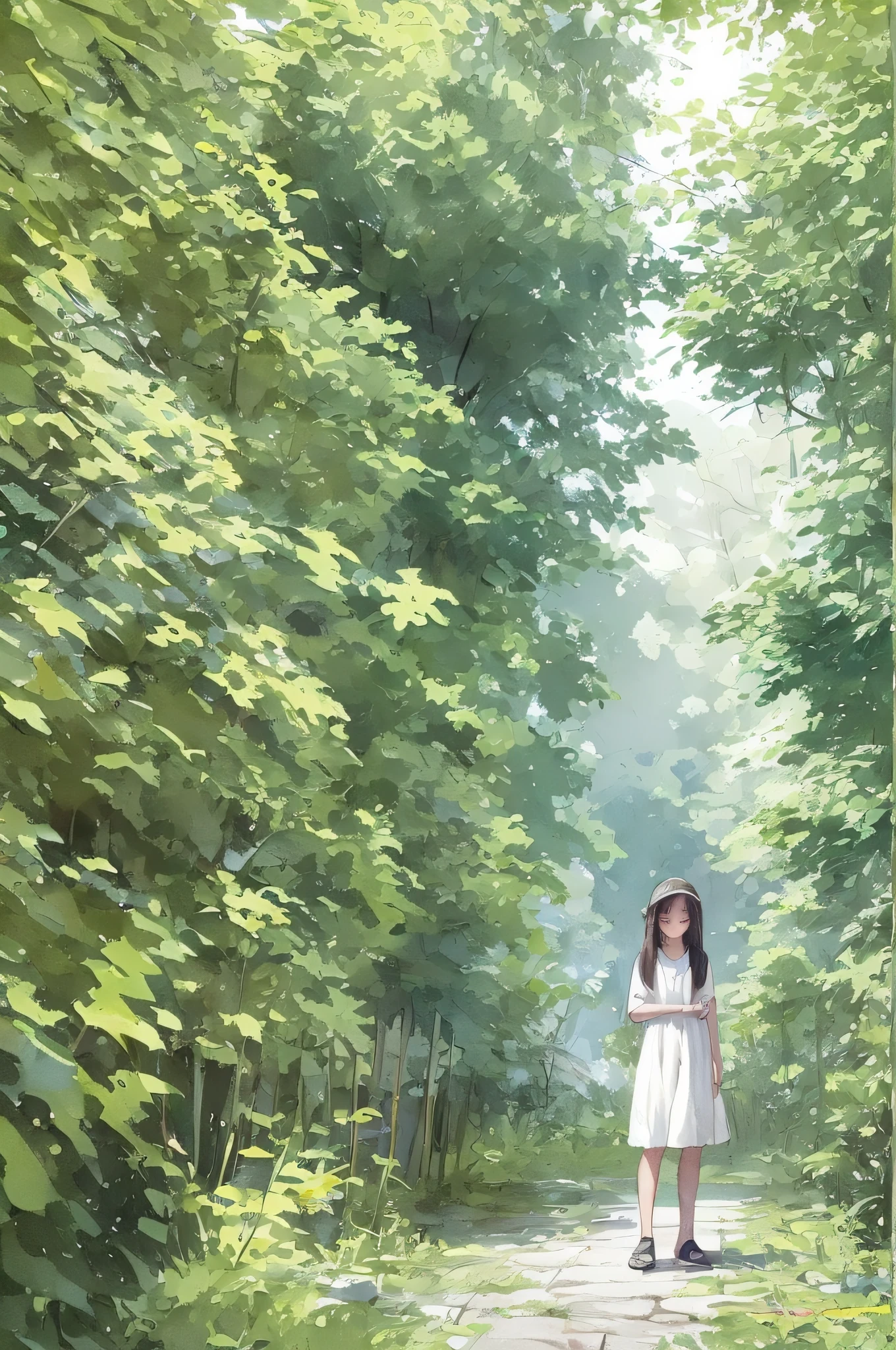 Stepu,(White background:1.4),(Standing picture),Original,(Illustration:1.1),(Best quality),(Masterpiece:1.1),(Ultra-detailed CG unified 8k wallpaper:1.1),(Colorful:0.9),(Panorama shot:1.4),(Solo:1.2),(Oil painting),Clear Sharp Focus,{ 1 woman standing}, Flower background,outdoors,rocks, Look at the viewer and make a happy expressionSoft smile, pure, beautiful face and eyes, beautiful complex clothes decoration pattern details, brown hair, black eyes