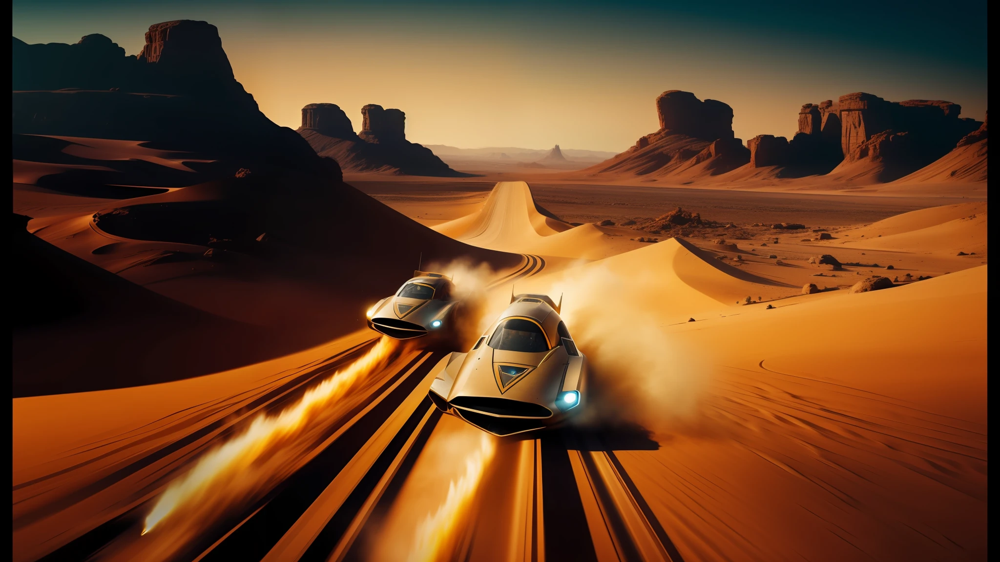 spaceships flying over a desert landscape with a desert landscape in the background, promotional movie still, from netflix's arcane, retro spaceships parked outside, by Werner Tübke, all roads lead to rome, light speed, by Vladimír Vašíček, passengers, h 8 0 0, from a 2 0 1 9 sci fi 8 k movie