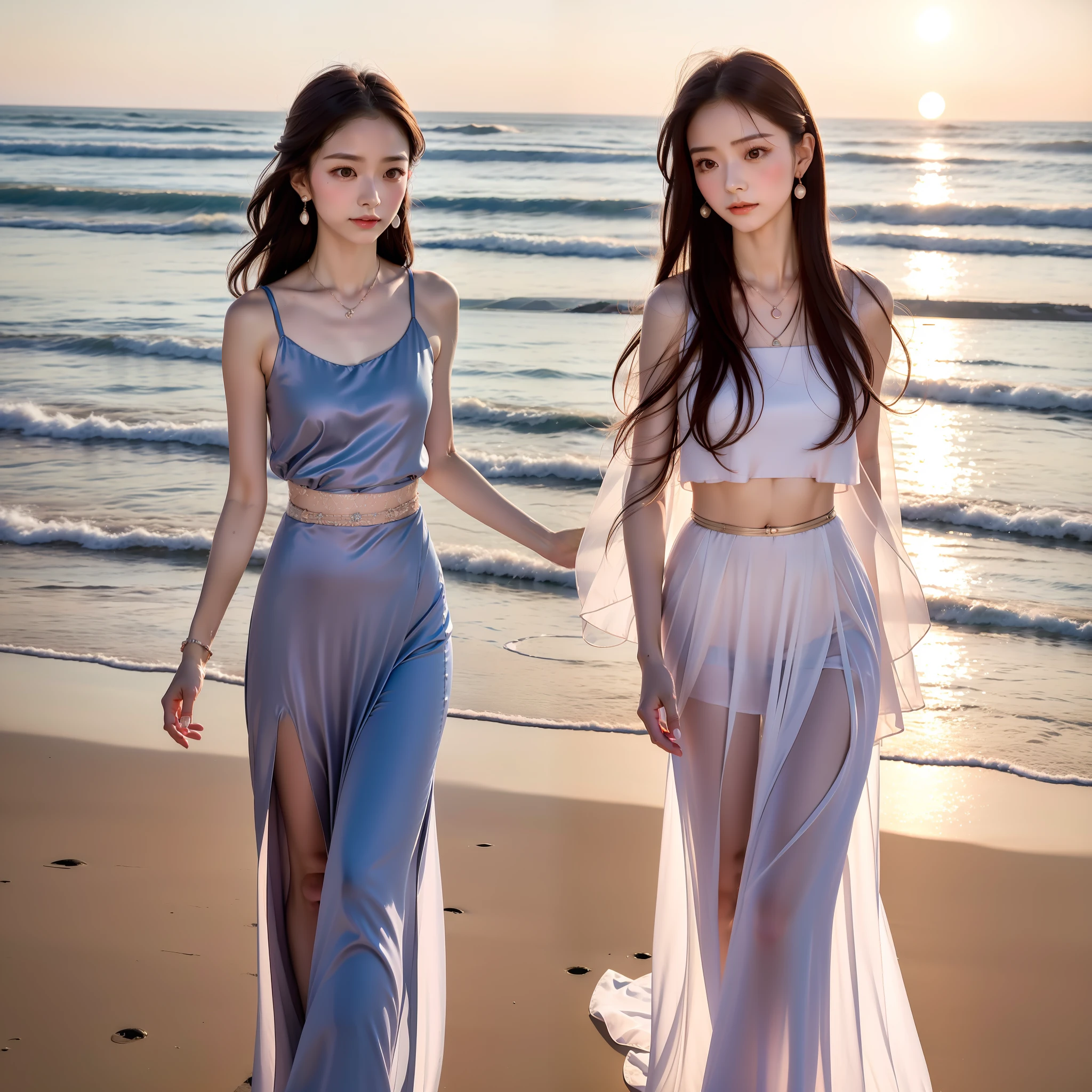 Photo, modern Hanfu, Chinese girl, walking by the sea, necklace wearing, stud earrings, slender waist, soft long hair flicked, cute face, slim and delicate, shy and shy, sunset light, the whole body is warm as jade