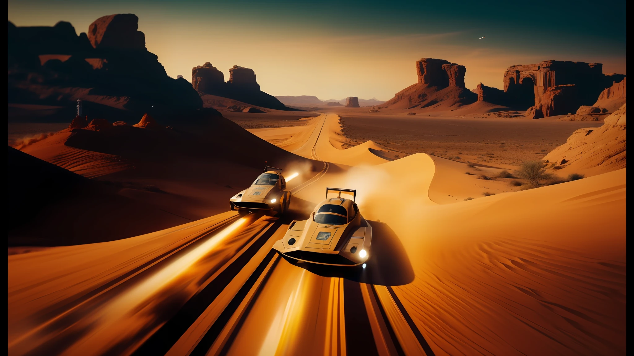 spaceships flying over a desert landscape with a desert landscape in the background, promotional movie still, from netflix's arcane, retro spaceships parked outside, by Werner Tübke, all roads lead to rome, light speed, by Vladimír Vašíček, passengers, h 8 0 0, from a 2 0 1 9 sci fi 8 k movie