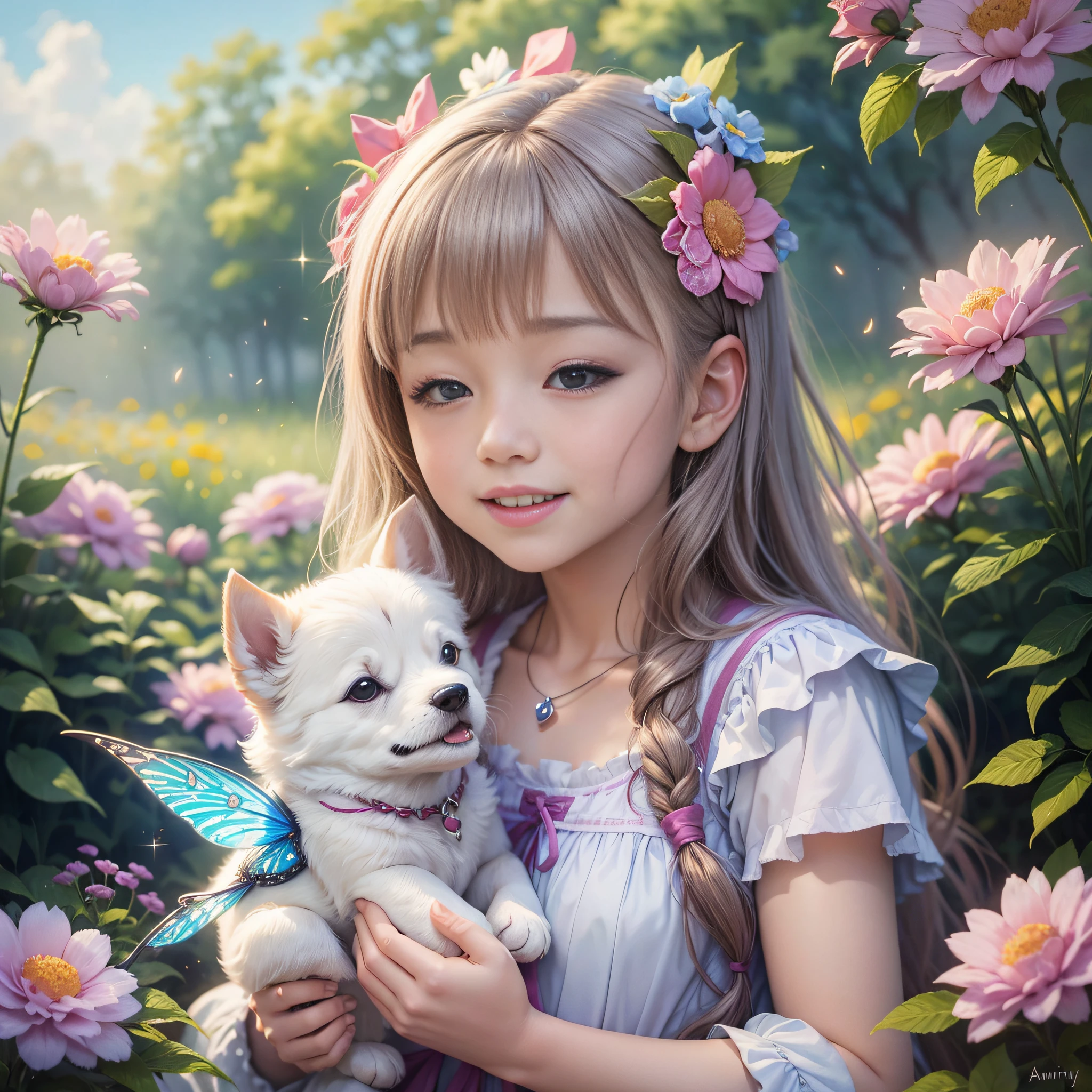 A whimsical watercolor painting of a cheerful girl named Amy who encounters a tiny fairy with sparkling wings in a garden full of colorful flowers. The fairy whispers to her that the flowers have magical powers that can grant wishes, but only to those who are pure and kind in their hearts. Amy closes her eyes and makes a wonderful wish, hoping for a friend to play with. When she opens her eyes, she is overjoyed to see that her wish has come true. She has a fluffy puppy with a bow on its collar as her new companion. --auto --s2