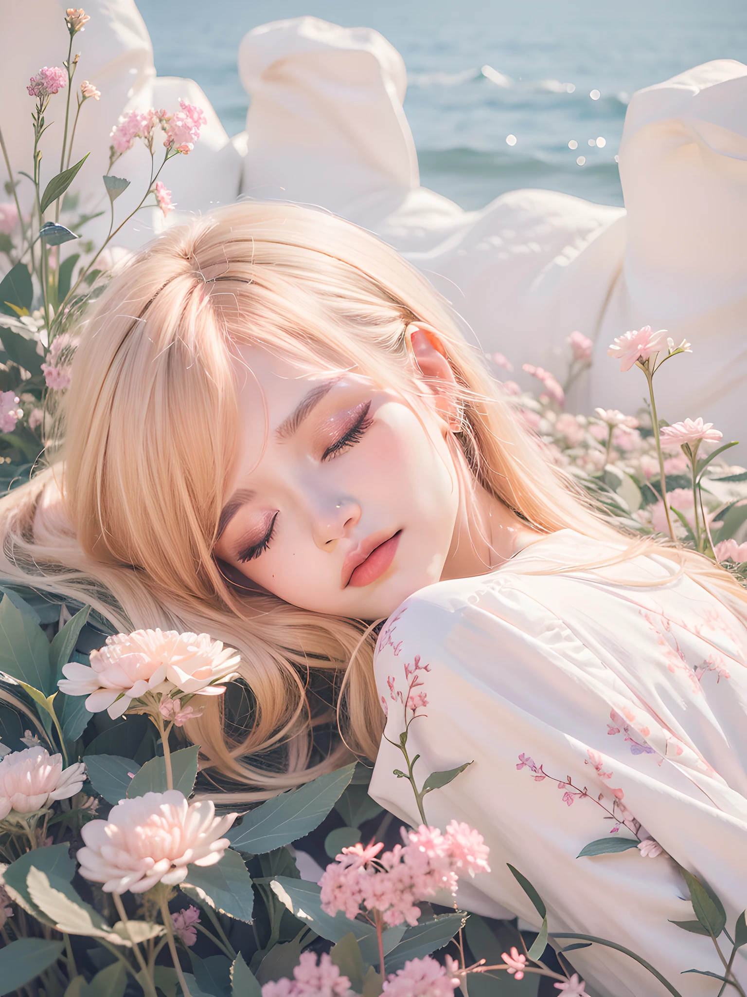 (photorealistic:1.4), best quality, masterpiece, ultra high res, 1girl, (detailed face:1.2), (detailed eyes:1.2), (detailed hair:1.2), (detailed clothes:1.2), 4k, flower, florest, (makeup:1.2), (closed eyes)