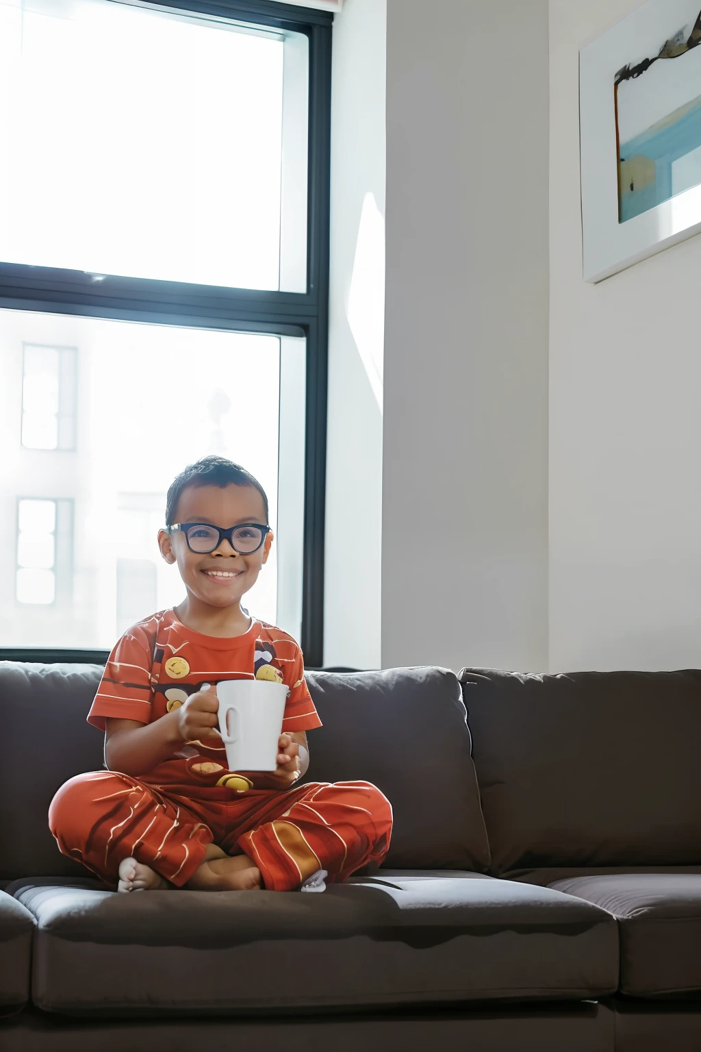 guttonerdvision4, a happy 3-year-old boy wearing glasses, looking at the camera, wearing pajamas, ((with a cup of coffee in hand)) (((sitting on a comfortable and large sofa in his living room))). Detailed environment, extremely detailed scene. Ambient lighting with the light of the rising sun coming from the window. Kinematics, ultra rendering, 8k