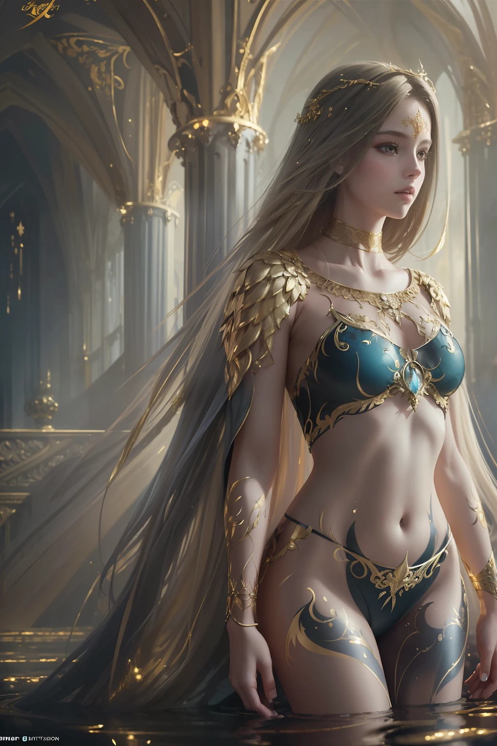 (Best quality, masterpiece, ArtStation, Fantasy Art:1.2), a dim dark palace room, a beautiful cute girl standing in water, (long gold hair:1.1), (intricate body paint, crop top:1.2)