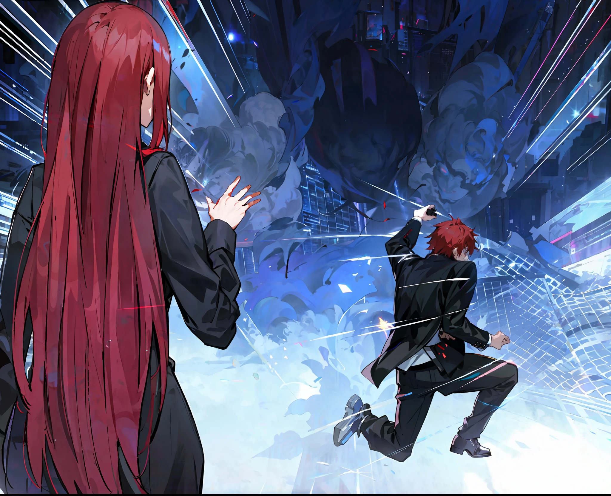 anime scene of a man and woman in a black suit and red hair, anime style like fate/stay night, anime fight, anime keyframe, holographic blade!, dancing in the background, scene!!, facing off in a duel, from girls frontline, ; visual novel, epic anime style, official anime still, visual novel cg, dramatic pose, anime style”