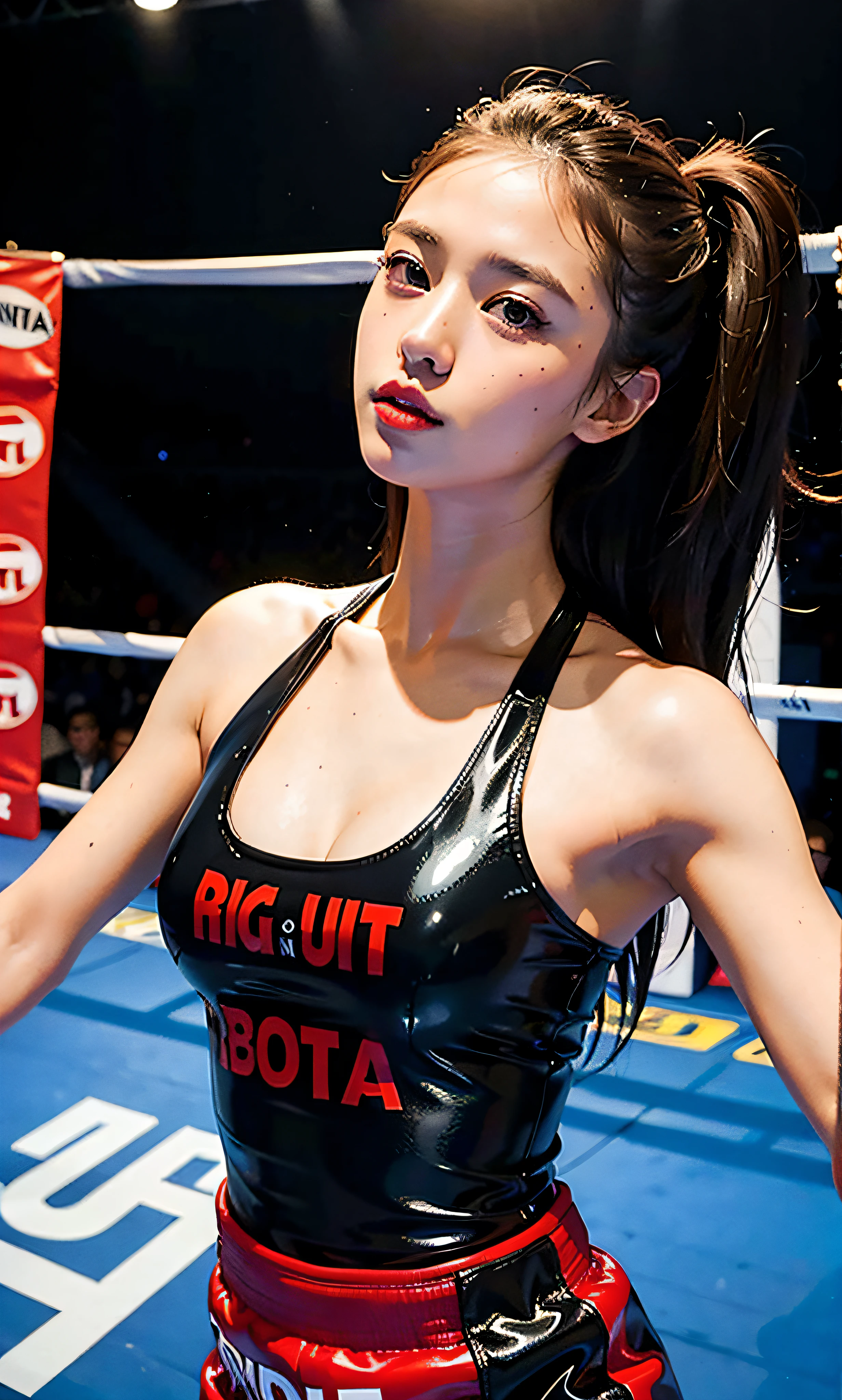 "Ultra high definition, 4K photos, more realistic quality, backlit to highlight the figure of an elegant small breasted woman, her high size and standing out, boxing clothes, punching, brave face, fight, chin-punching, knockout shiny latex