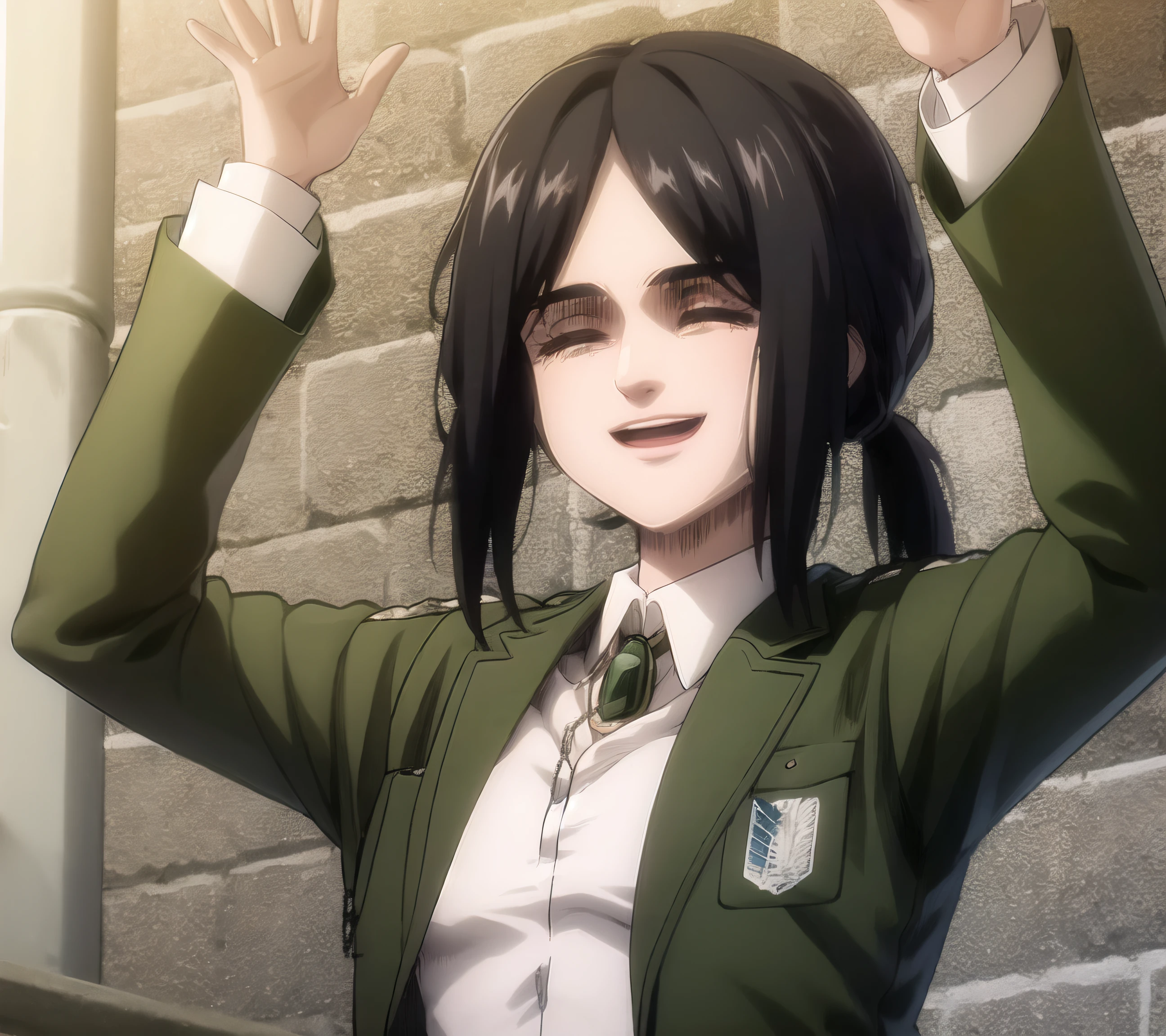 shirt, jacket, paradis_military_uniform, smile, uniform, emblem, parody, open_mouth, survey_corps_\(emblem\), arms_up, brick_wall, closed_eyes, cuffs, meme, shackles, wall