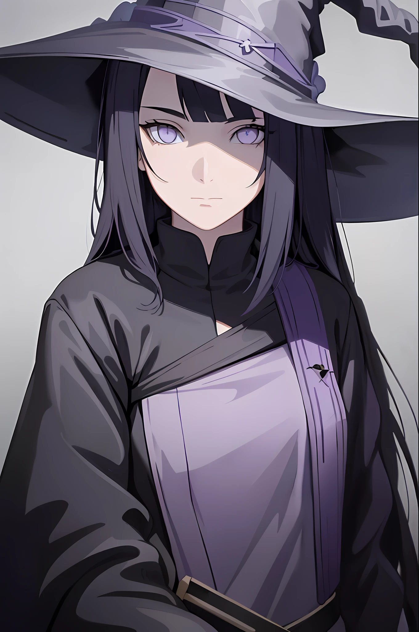 1 girl,witch, solo, long hair, (((witch attire))) , (((witch hat))) , masterpiece, perfect composition, detailed, detailed character, purple eyes, blunt bangs, dark blue hair, beautiful face, really beautiful face, wavy hair, magic bomb, blink blink effect, knee crop