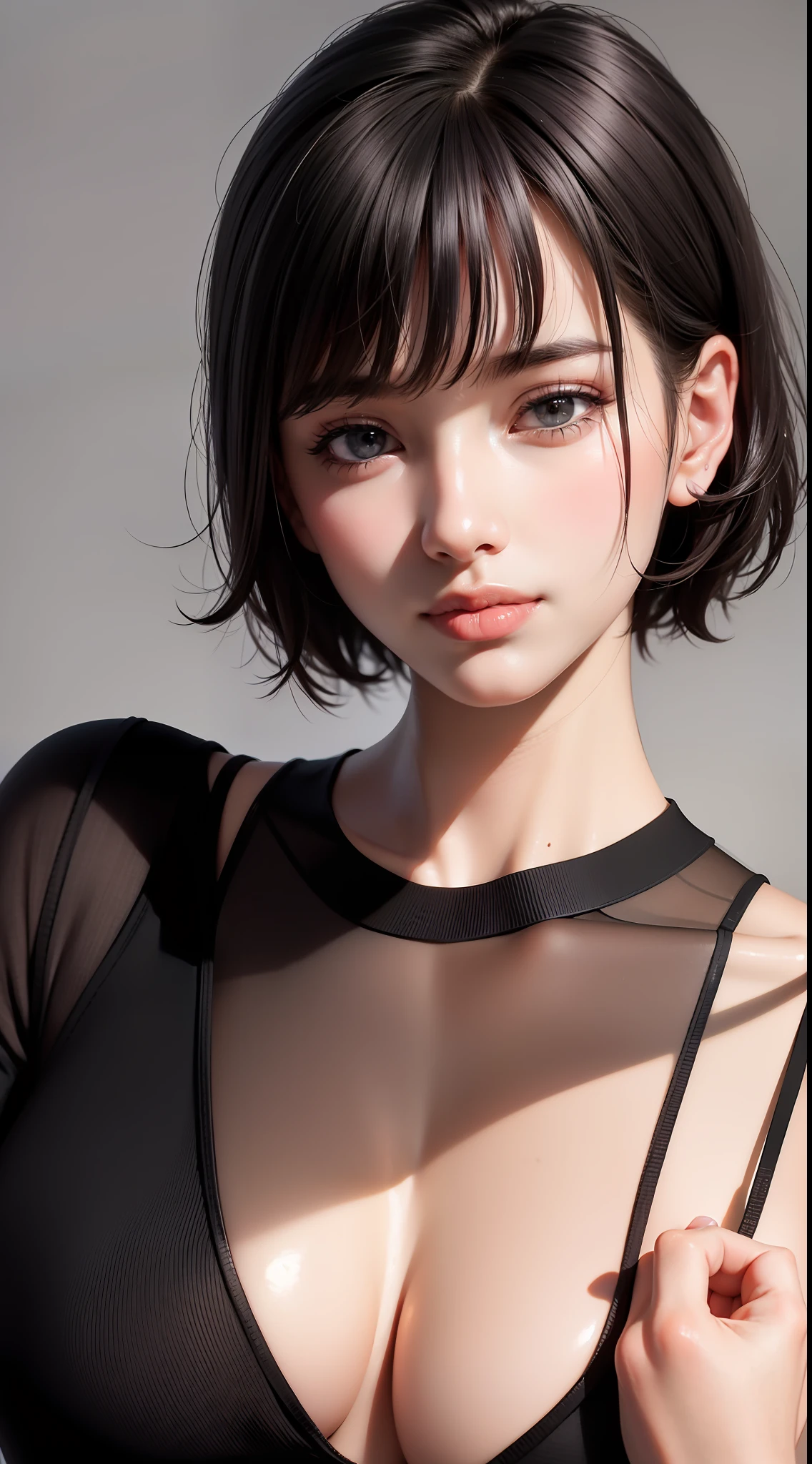 upper body, masterpiece, best quality, raw photo, photorealistic, big, face light, shiny skin, high resolution, ultra detail, detail, detailed eyes and face, sharp pupils, realistic pupils, sharp focus, shiny skin, cute smile, black hair, sporty clothes, short hair
