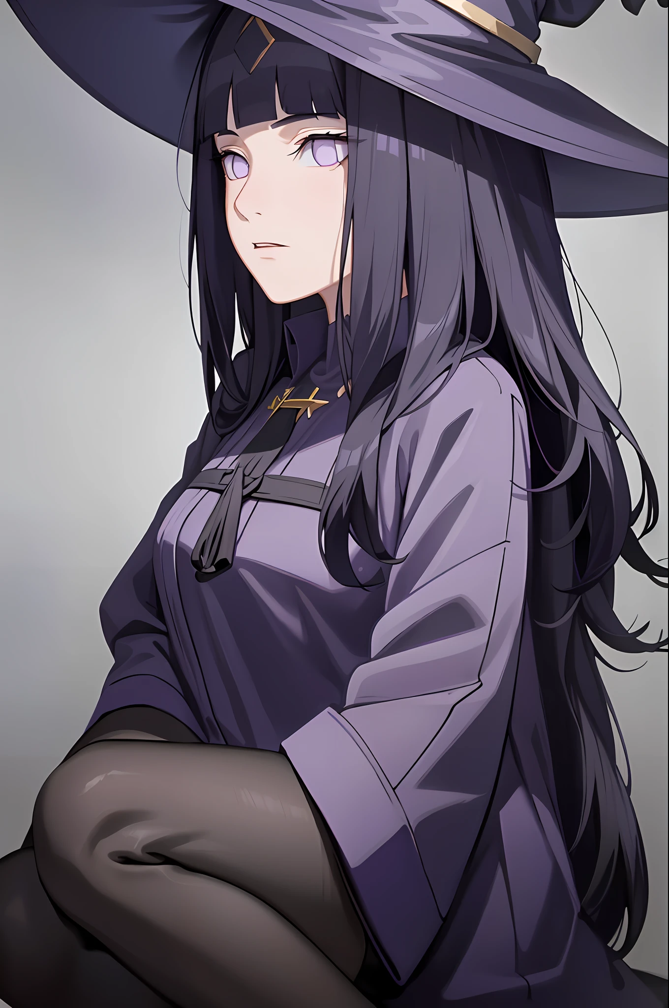 1 girl,witch, solo, long hair, (((witch attire))) , (((witch hat))) , masterpiece, perfect composition, detailed, detailed character, purple eyes, blunt bangs, dark blue hair, beautiful face, really beautiful face, wavy hair, magic bomb, blink blink effect, knee crop