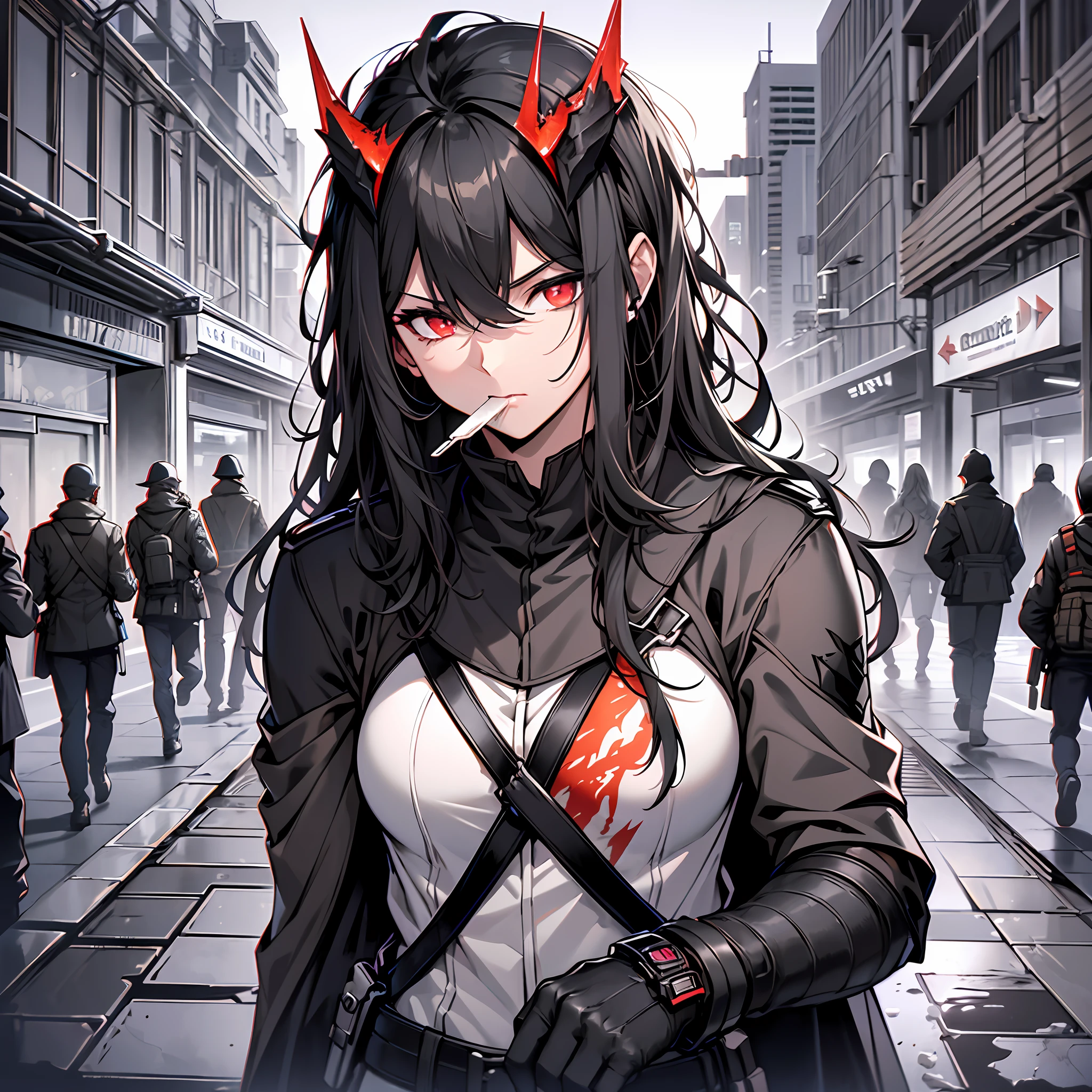 ((Ark of Tomorrow style), (Surtr) wearing (Portland gray military uniform: 1.2) [black cape] [black gloves] [black bracelet] [black short sword], [black long hair: 1.2], [red eyes], holding [flavored ice cream]), late night streets, dimly lit, grim tones, mysterious atmosphere, eating ice cream.
