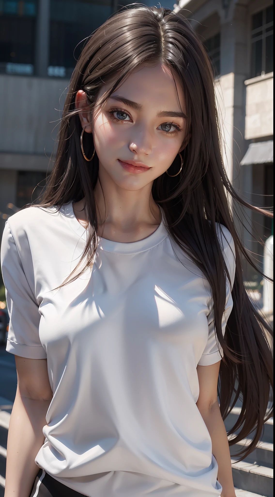 upper body, masterpiece, best quality, raw photo, photorealistic, big, face light, shiny skin, high resolution, super detail, detail, detailed eyes and face, sharp pupils, realistic pupils, sharp focus, shiny skin, cute smile, black hair, sporty clothes, long hair