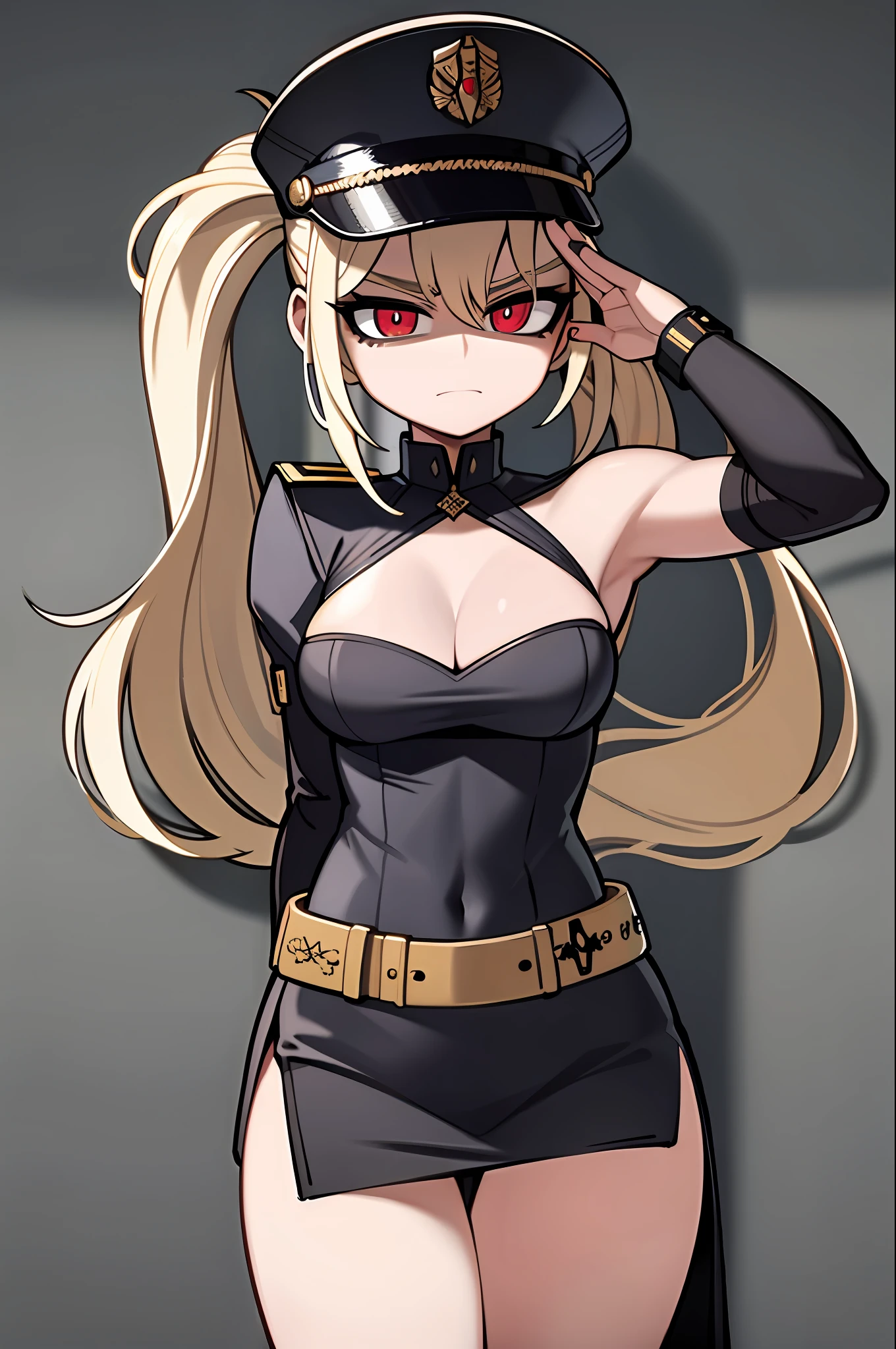 ((masterpiece, best quality)), (1girl), (solo), (female focus), female goth army officer, with a touch Gapmoe Yandere Grimdark, black leather German uniform, wearing army leather hat, strong makeup, large breasts, tall woman, red eyes, deep shadows, constricted pupils, empty eyes, yandere, female death appearance, black hair, dynamic angle, highly detailed, 8k resolution, serious expression
