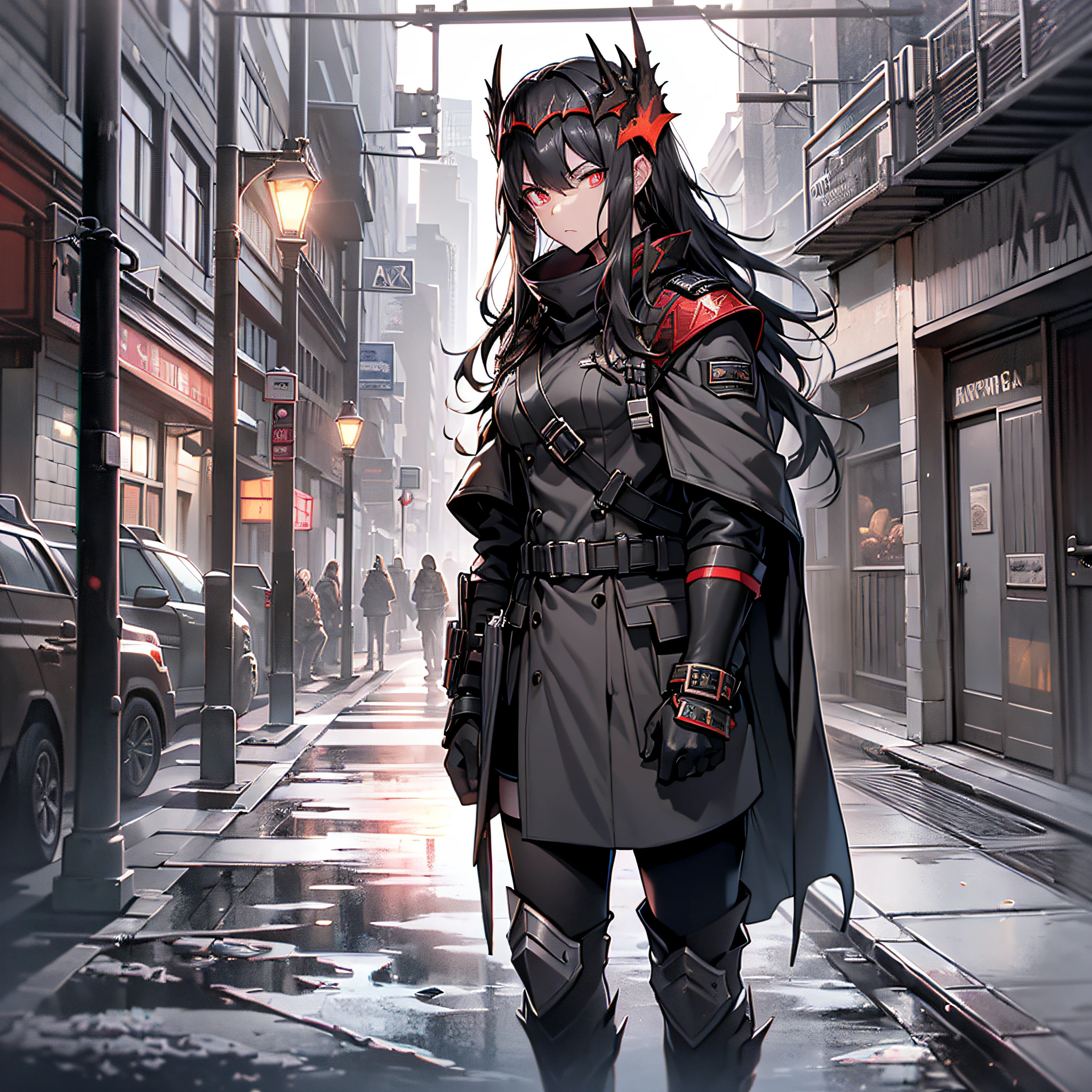 ((Ark of Tomorrow style), (Surtr) wearing (Portland gray military uniform: 1.2) [black cape] [black gloves] [black bracelet] [black short sword], [black long hair: 1.2], [red eyes], holding [flavored ice cream]), late night streets, dimly lit, grim tones, mysterious atmosphere, eating ice cream.