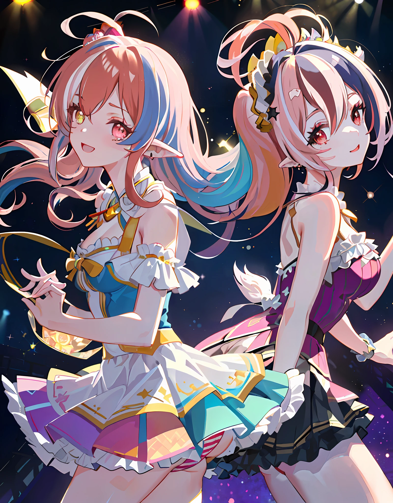 Masterpiece, Best quality, Best resolution, Divine drawing, trending style, ((Perfect human hand, 5 fingers))), Perfect human body, Dynamic angle, Upper body, 2 girls, Smile, Wolf ears, Wolf tail, Pink eyes, Hair between the eyes, (((((Wink)))), D Cup, cleavage, Striped hair, (((((Colorful hair color: 1)))), Variegated hairstyle: 1, Twin tails, ultra-detailed gradient hair, idol costumes, professional designers, ruffled dresses, love live, The Idolmaster, jewelry, backstage, best stage, climax: 1, professional stage, (holding the microphone in your left hand and singing emotionally, overflowing emotions, best smile))), singer, vocalist: 1, idol, diva, professional stage, professional lighting, Live lighting, averting the gaze, fan service, (((Satellite photo seen from the audience)))), (((Panchira, cute panties)))
