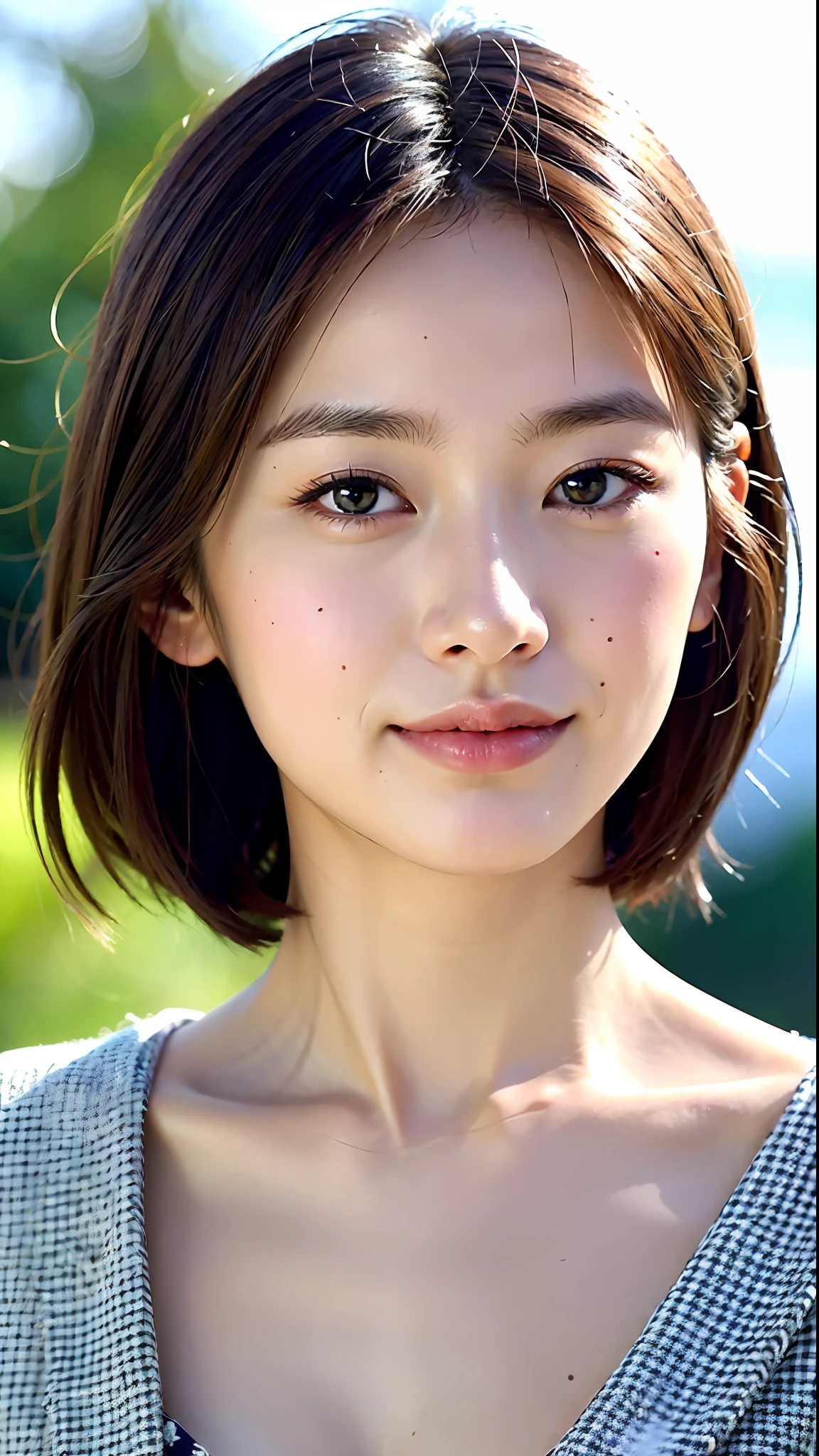 (Top Quality, 8k, 32k, Masterpiece, UHD: 1.2), 1 girl, 18 years old, Beautiful perfect face, Clean Japan, Big, OL, Holiday, Soft smile, Beautiful eyes, Intricate details, Fine skin, Short hair,