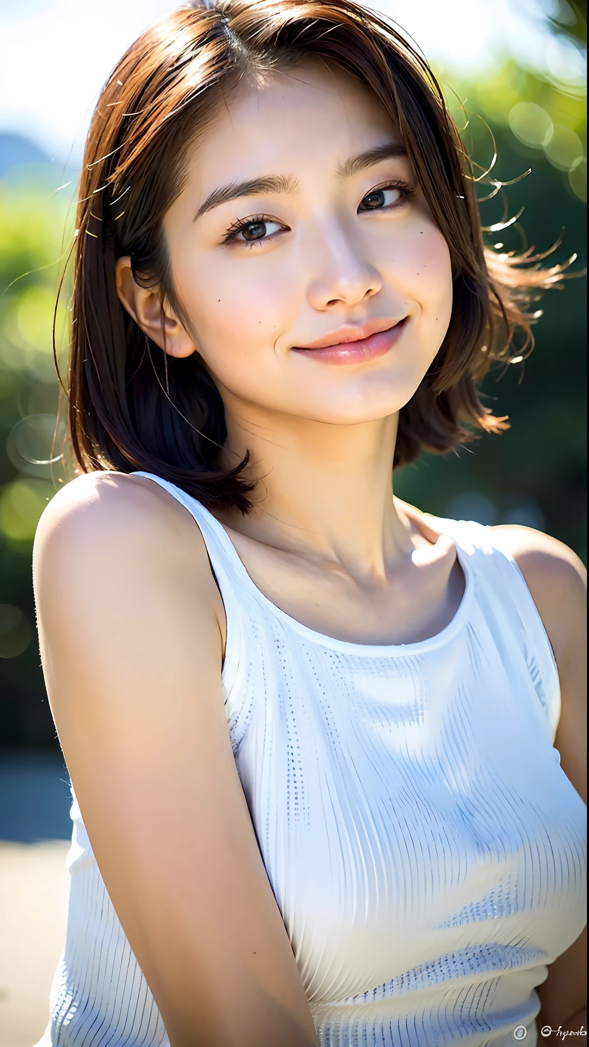 (Top Quality, 8k, 32k, Masterpiece, UHD: 1.2), 1 girl, 18 years old, Beautiful perfect face, Clean Japan, Big, OL, Holiday, Soft smile, Beautiful eyes, Intricate details, Fine skin, Short hair,