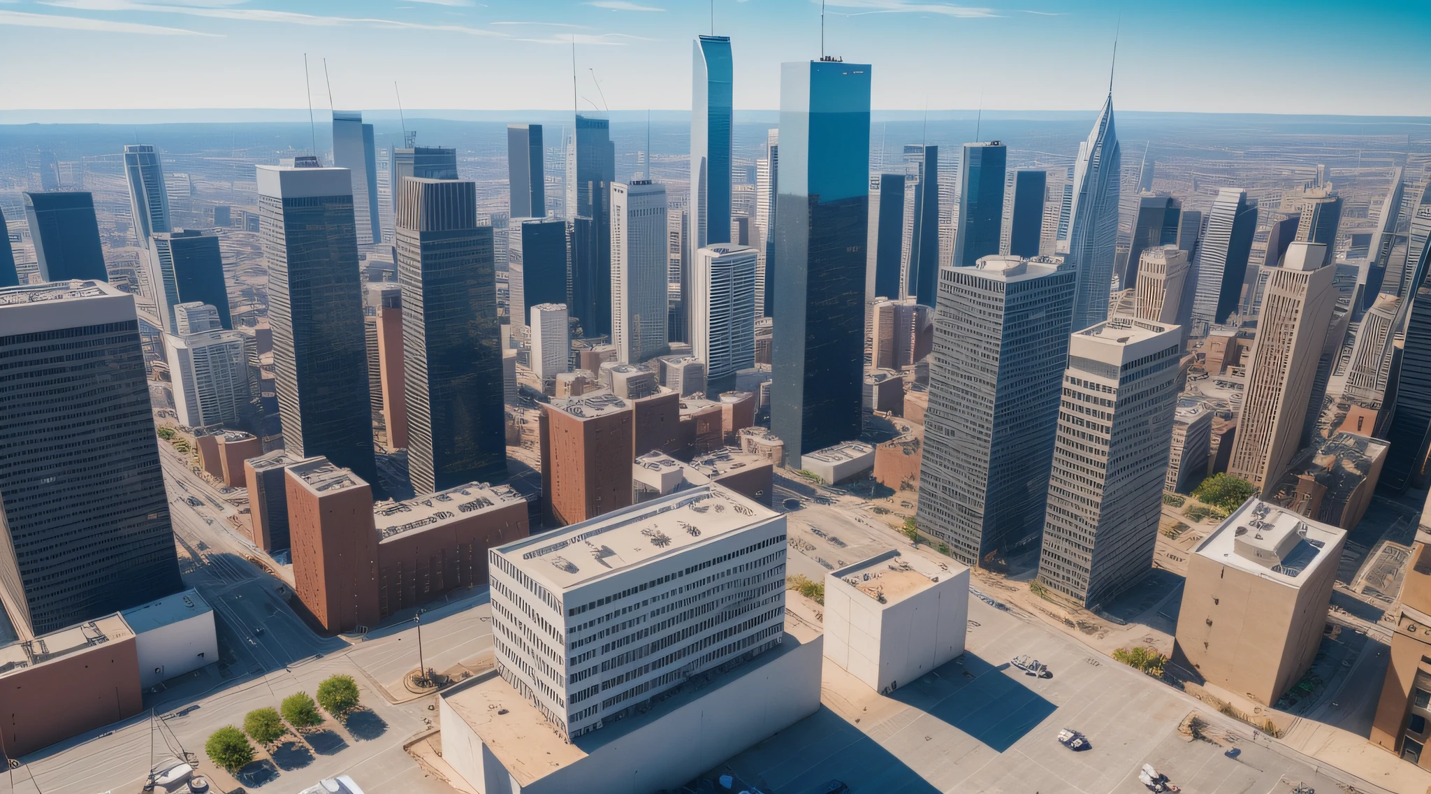 realistic, photorealistic, detailed, best quality, ultra high resolution, high resolution, view sitting on top of the roof of a house, cityscape, united states city