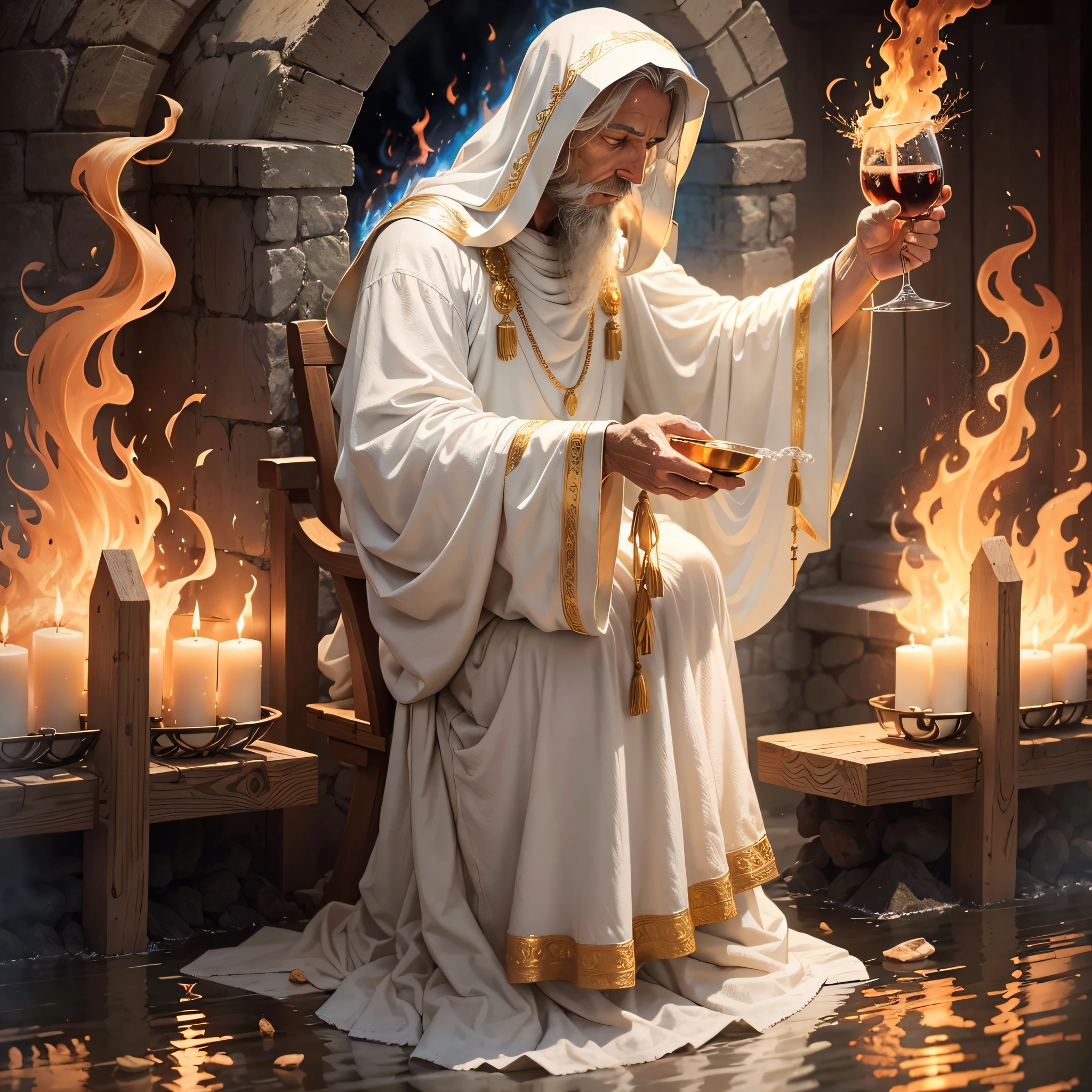 Old Jesus in white clothing makes a libation in the fire, white veil over the head, pours a liquid, water, from a golden cup turns into wine, mature man, golden and autumnal tones, sunset. Fire and water --auto --s2