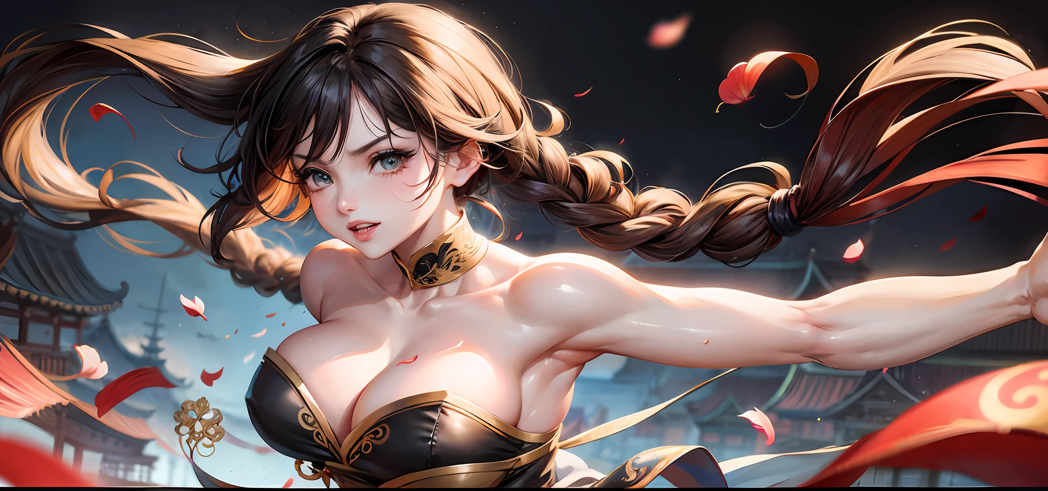 ((Best Quality, 8K, Masterpiece: 1.3)), Chun Li, Masterpiece, Ultra Detail, Ultra HD, 8K, ((Black Pantyhose)), White High Boots, Street Fighter Chun Li, 1girl, Solo, Best Quality, Realistic, Ultra Detailed, (Shiny Skin, Sweating: 1.4), Looking at the Audience, Brown Eyes, Slender, Dynamic Light and Shadow, High Resolution, Sharp Focus, Depth of Field, Fine Eyes, Sharp Pupils, Realistic Pupils, (Thigh Thickness: 1.3), Outdoor, Sky, Detailed Eyes, Backlight, Best Light and Shadow, Intricate Details, Ultra Detailed Details, Capcom Chunli, Upper Body Close-up, Small Thin Waist, Slim Abdomen, Character Standing, Sideways, Looking Back, Big Eyes, Long Eyelashes, Delicate Nose, Instagram Style Girl, Kung Fu Pose, (Upper Body: 1.5), Above the Waist Frame, Perfect Digital Illustration, Computer Background, Wind, Petals, Long Flowing Hair, Artistic Conception, Messy Red Petal Background, Ancient Chinese Architecture, Temple, Temple, Mountain Road Behind You