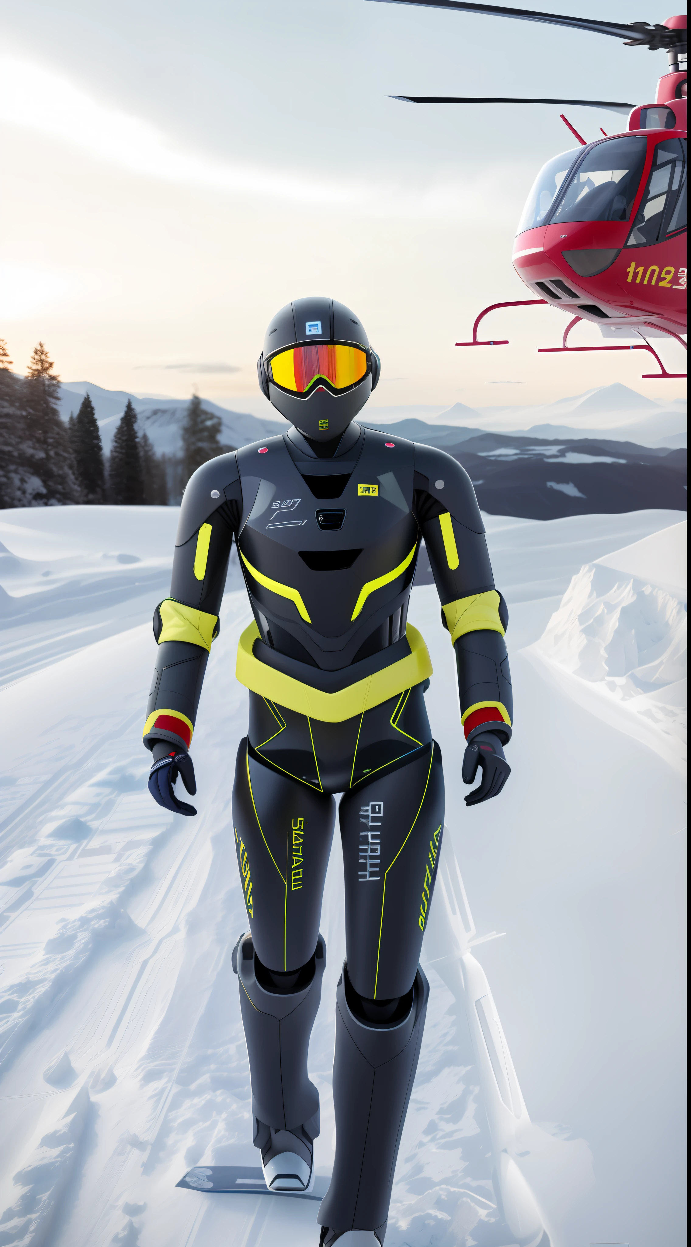 skier in full body gear standing in front of a helicopter, technical suit, integrated synthetic android, the most advanced humanoid robot, robot suit, technology flight suit, sweden, hev suit, advanced technology flight suit, girl wearing robotic suit, futuristic clothing and helmet, energetic varia suit, bionic, varia suit, nova, exoskeletton