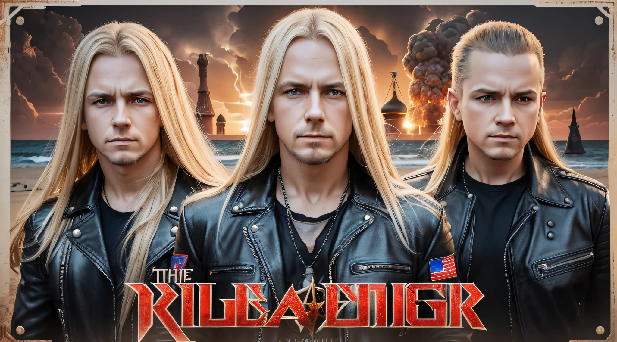 3 BOYS Russian children with 20 years WITH LONG STRAIGHT BLONDE HAIR, LEATHER JACKET AND BLACK CLOTHING, PORTRAIT STYLE, a closeup, album cover, evil album cover, alternate album cover, metal album cover, album cover, 2 0 0 6 promotional publicity photo, metallica, heavy rock band promotional photo, Drew Struzan Tomasz Alen Kopera, album art, album cover art, megadeth, maiden, album, heavy metal album cover, a nuclear explosion is seen on a beach at sunset, nuclear bomb explosion, nuclear apocalypse, nuclear explosion, nuclear attack, nuclear explosion!!!, nuclear bomb explosion, nuclear mushroom cloud, nuclear cloud, nuke that ends the world, nuclear bomb, huge nuclear mushroom cloud, impending nuclear explosion, nuclear war, fall of nuclear weapons, atomic explosion, nuke, look at the nuclear explosion