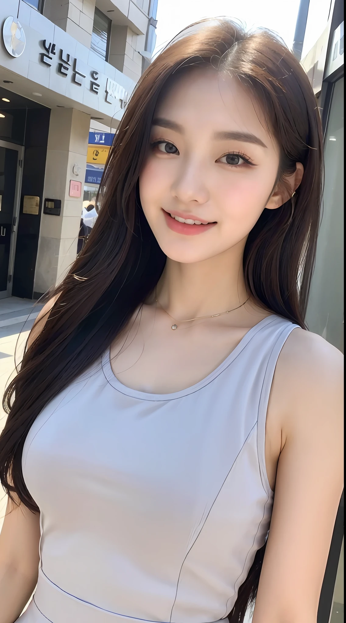 (Royal Sister Style Korean Star 1), (Top Quality, 8k, Masterpiece: 1.3)), Focus: 1.2, Perfect Body Beauty: 1.4, (Smile), (Street: 1.3), Highly Detailed Face and Skin Texture, Fine Eyes, Double Eyelids, Whitening Skin, (Big Wave Hairstyle: 1.3), (Round Face: 1.5), (Tank Top Dress: 1.4),