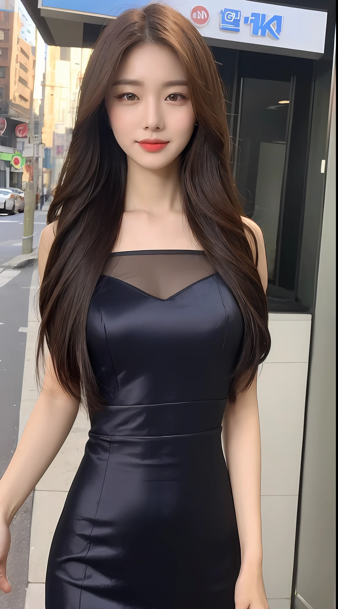 (1 Korean star with royal sister style), ((best quality, 8k, masterpiece: 1.3)), focus: 1.2, perfect body beauty: 1.4 , (smile), (Street: 1.3), highly detailed face and skin texture, fine eyes, double eyelids, whitening skin, (big wave hairstyle: 1.3), (round face: 1.5), (gorgeous evening wear: 1.4),
