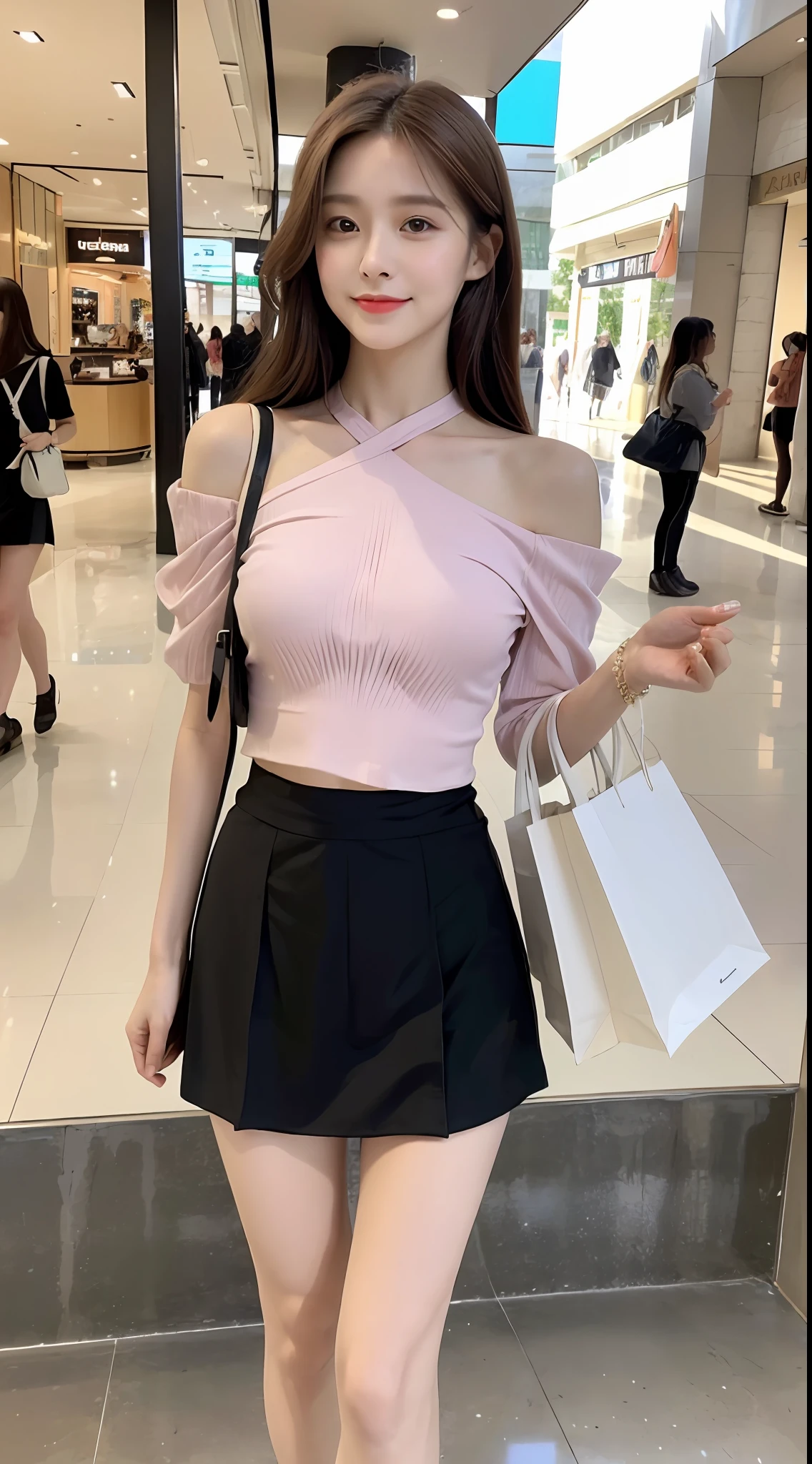 Girl about 20 years old, carrying a bag, simple, extremely beautiful and delicate, (light makeup), brown hair, sweet smile, delicate and beautiful fair skin, realistic and realistic, exquisite and complete facial features, detailed facial portrayal, high nose bridge, red lips, beautiful gentle beautiful girl, flowing smooth hair, extremely delicate hair, soft temperament, face filling, surreal, realistic, 8K picture quality, extreme details, realistic details, master works, realistic extreme, body, absolutely beautiful, pure desire, stunning beauty, peerless beauty, peerless beauty, Highest image quality, 8k resolution, goddess, smile, fine facial features, hair over the shoulder, brown hair, long thick legs, ((((high-waisted French top)))), (((short skirt))), sunshine, facing the camera, well-proportioned and firm figure, gentle eyes, exposed thighs, standing posture, standing in the mall, full body photo