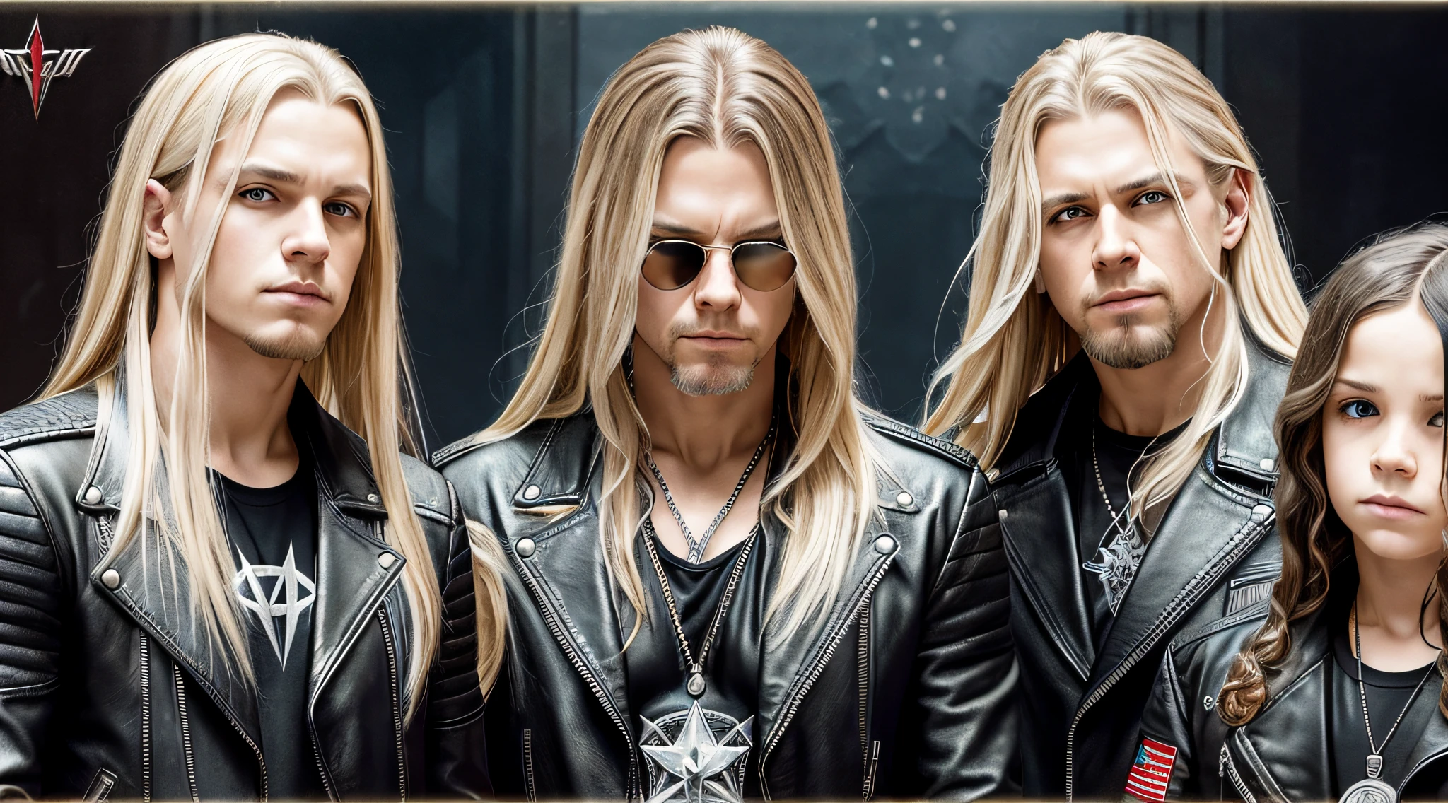 3 BOYS Russian children with 20 years WITH LONG STRAIGHT BLONDE HAIR, LEATHER JACKET AND BLACK CLOTHING, PORTRAIT STYLE, a closeup, album cover, evil album cover, alternate album cover, metal album cover, album cover, 2 0 0 6 promotional publicity photo, metallica, heavy rock band promotional photo,  Drew Struzan Tomasz Alen Kopera, album art, album cover art, Megadeth, Maiden, album, Heavy metal album cover