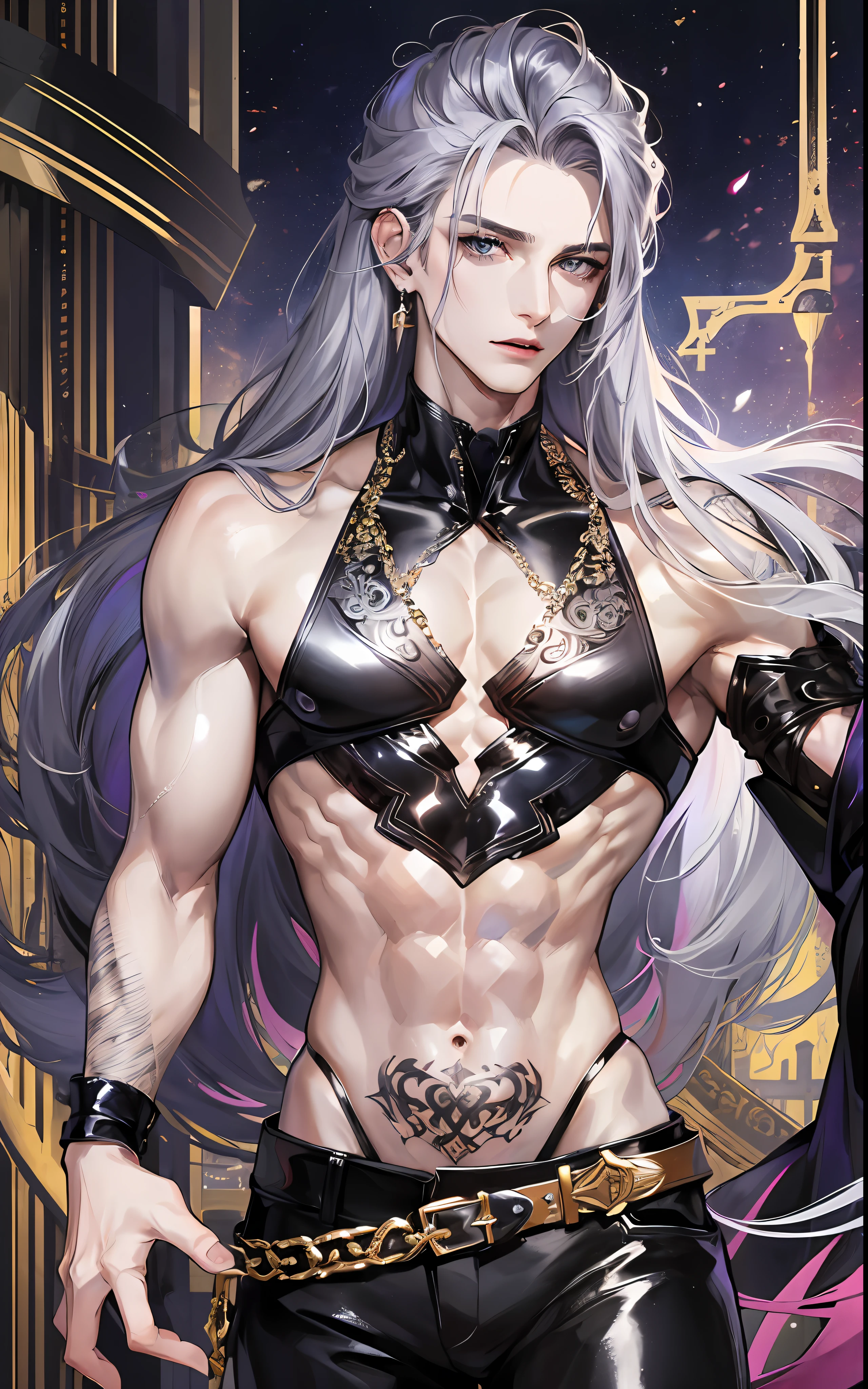 man, masculine, masculine face, attractive, muscular, ((1man)), masterpiece, absurdres, best quality ,intricate details , (shiny skin, shiny body, shiny oily luster skin, shiny hair, pale skintone), Sundown, attractive, ((muscular)), adult, one, tattoo in his chest open chest, ,black blouse, earrings, black pants, Don't look at the view , Not looking at the view, purple blue long hair, perfect detailed face, perfect detailed hands, vampire, silver gray eyes, ((MLS)), medium large shoot