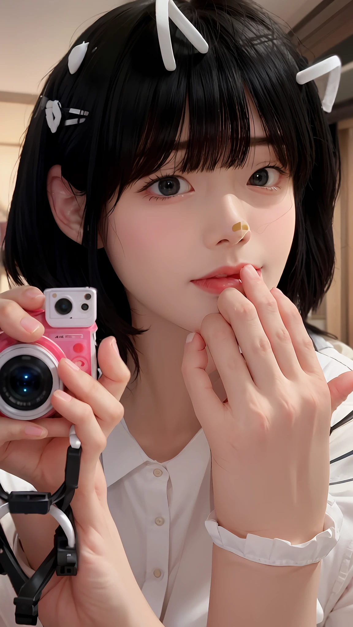 Using the most precious camera to photograph a kawaii girl, short hair, facing the mirror, taking pictures of herself, her expression is very cute, holding a Canon 80D camera in her hand. This photo is of low quality, but you can still feel the beauty of the moment, as if time has stopped in this moment.