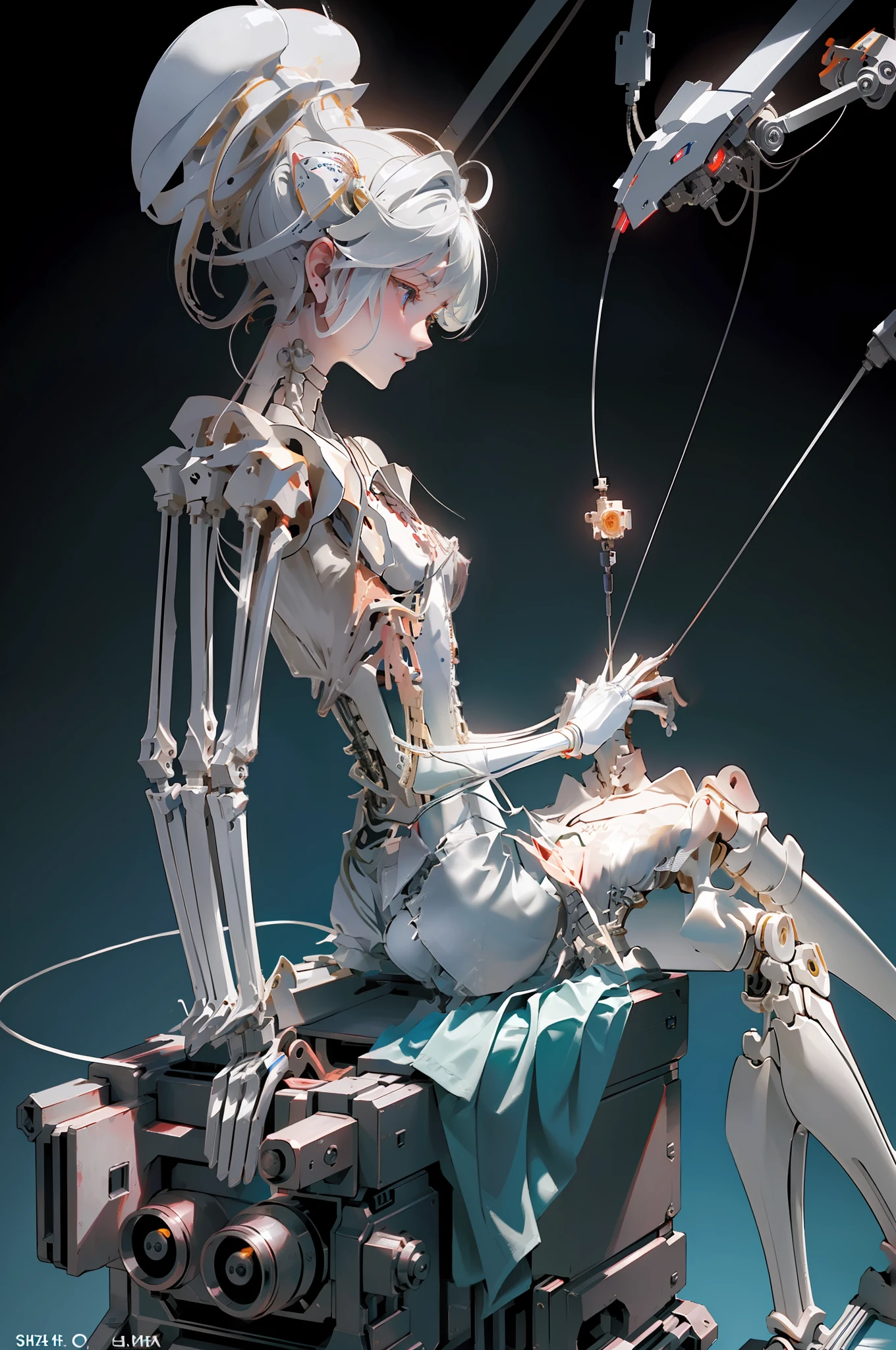 (((Masterpiece)))), (((highest quality)))), ((Super Definition)), (Very detailed CG illustrations), ((Very delicate and beautiful)), (Delicate and Pretty Face), Cinematic Light, (((1 Machine Girl)), Mechanical Legs Grow Lots, (Mechanical Joints: 1.4), ((Mechanical Limbs)), (Exposed Muscles), (Blood Vessels Connected to Ducts), (Brain in a container: 1.3), (( Mechanical vertebrae attached to the back)), ((cervical vertebrae of the machine attached to the neck)), ((sitting)), expressionless, (wires and cables attached to the head and body: 1.5), small breasts, short hair, (character focus), sci-fi