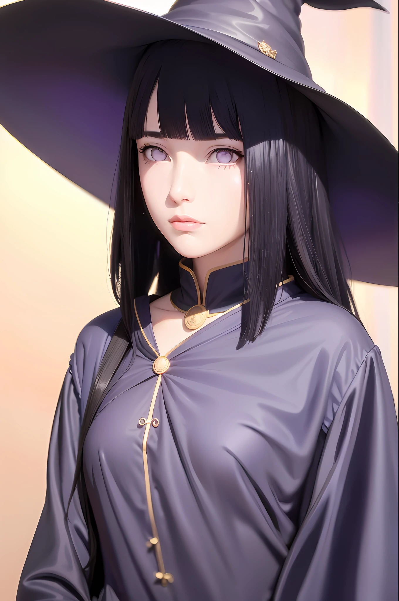 1 girl,witch, solo, long hair, (((witch attire))) , (((witch hat))) , masterpiece, perfect composition, detailed, detailed character, purple eyes, blunt bangs, dark blue hair, beautiful face, really beautiful face.