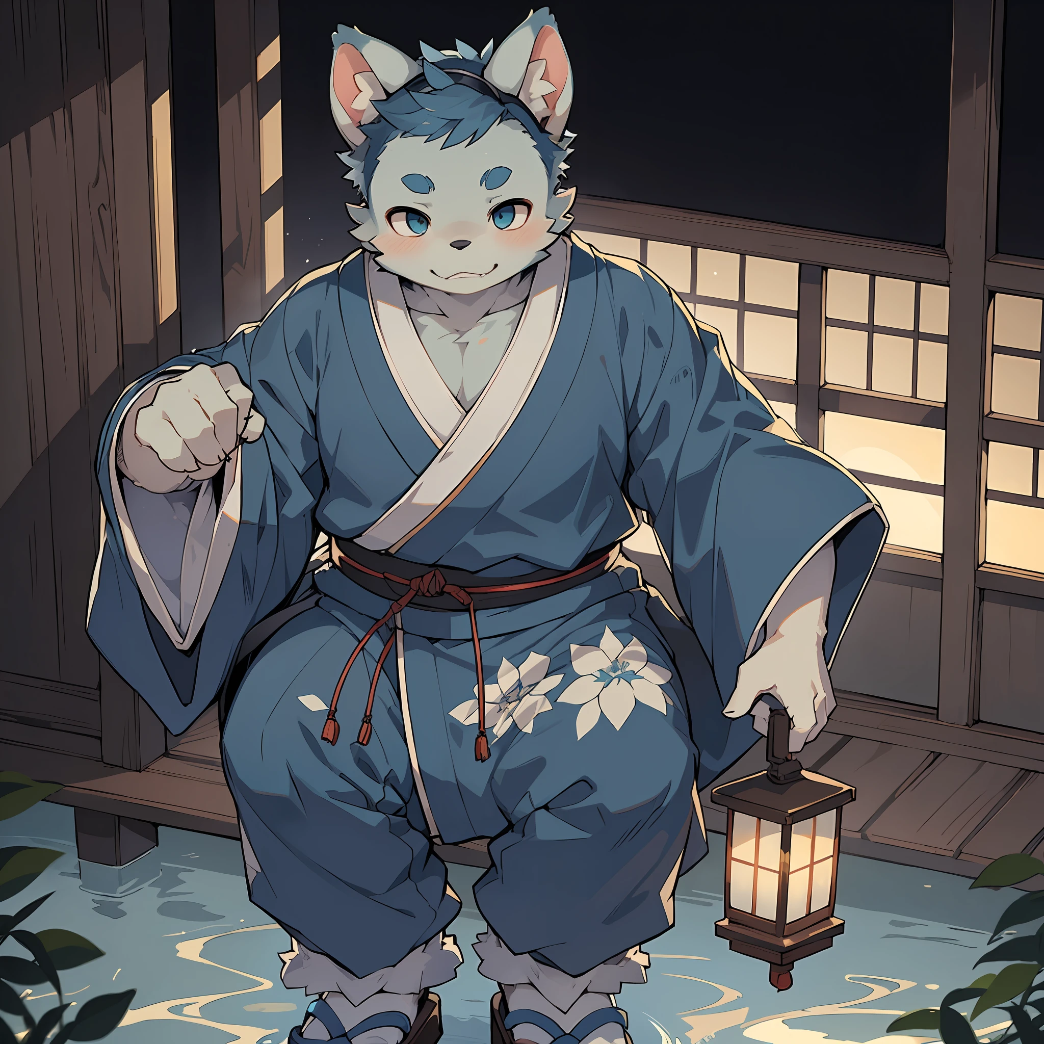 Master Works, Best Quality, 8K Resolution, High Detail, Depth of Field, Male, (Fat), (Orc), Single, Thick Eyebrows, Short Eyebrows, (Bear Ears), (Clogs), Thick, ((Blue Hair)), ((Japanese Clothing)), Flexible Posture, Look Away, Summer Night, Center Composition, Mood Light, Volume Light, Cinematic Lighting