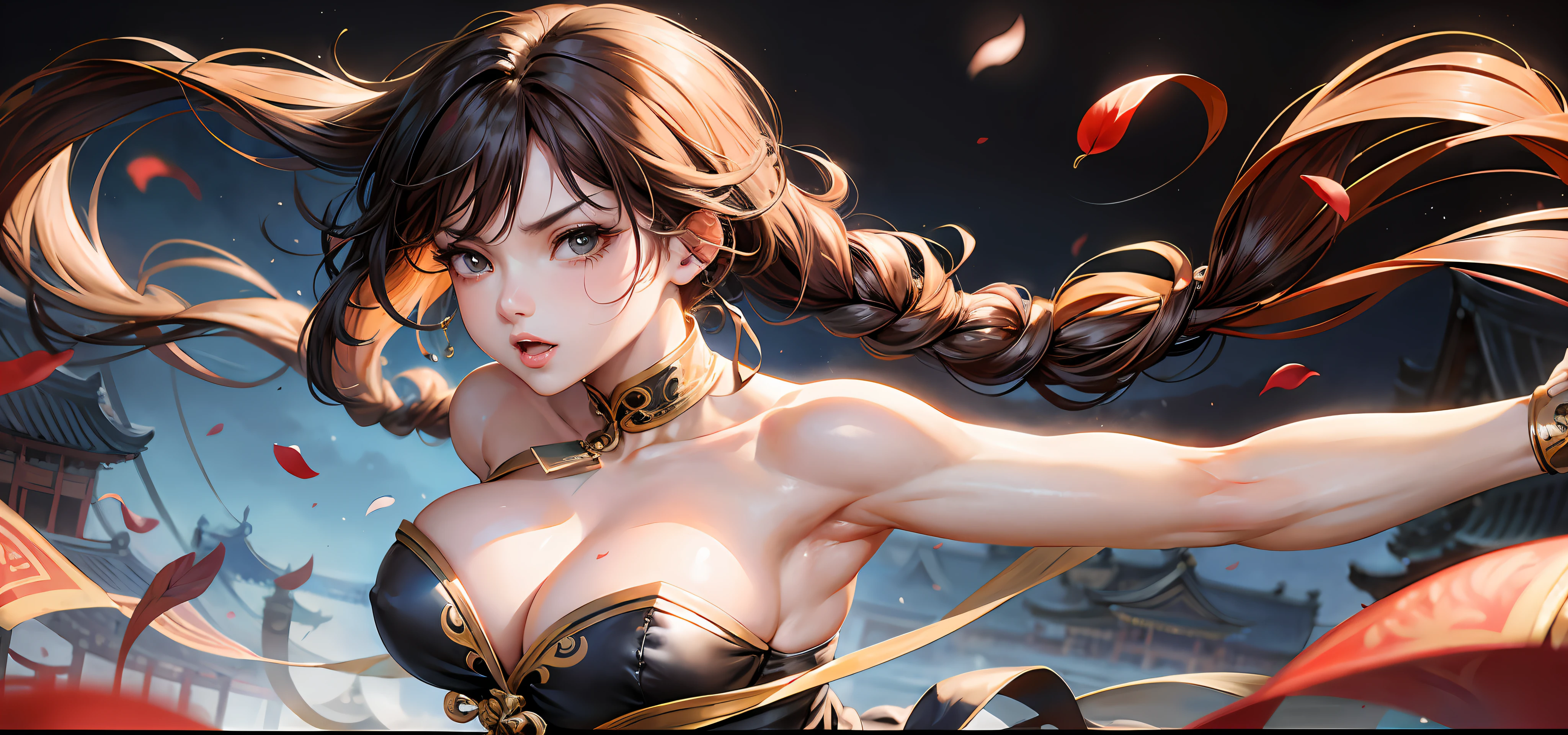 ((Best Quality, 8K, Masterpiece: 1.3)), Chun Li, Masterpiece, Ultra Detail, Ultra HD, 8K, ((Black Pantyhose)), White High Boots, Street Fighter Chun Li, 1girl, Solo, Best Quality, Realistic, Ultra Detailed, (Shiny Skin, Sweating: 1.4), Looking at the Audience, Brown Eyes, Slender, Dynamic Light and Shadow, High Resolution, Sharp Focus, Depth of Field, Fine Eyes, Sharp Pupils, Realistic Pupils, (Thigh Thickness: 1.3), Outdoor, Sky, Detailed Eyes, Backlight, Best Light and Shadow, Intricate Details, Ultra Detailed Details, Capcom Chunli, Upper Body Close-up, Small Thin Waist, Slim Abdomen, Character Standing, Sideways, Looking Back, Big Eyes, Long Eyelashes, Delicate Nose, Instagram Style Girl, Kung Fu Pose, (Upper Body: 1.5), Above the Waist Frame, Perfect Digital Illustration, Computer Background, Wind, Petals, Long Flowing Hair, Artistic Conception, Messy Red Petal Background, Ancient Chinese Architecture, Temple, Temple, Mountain Road Behind You