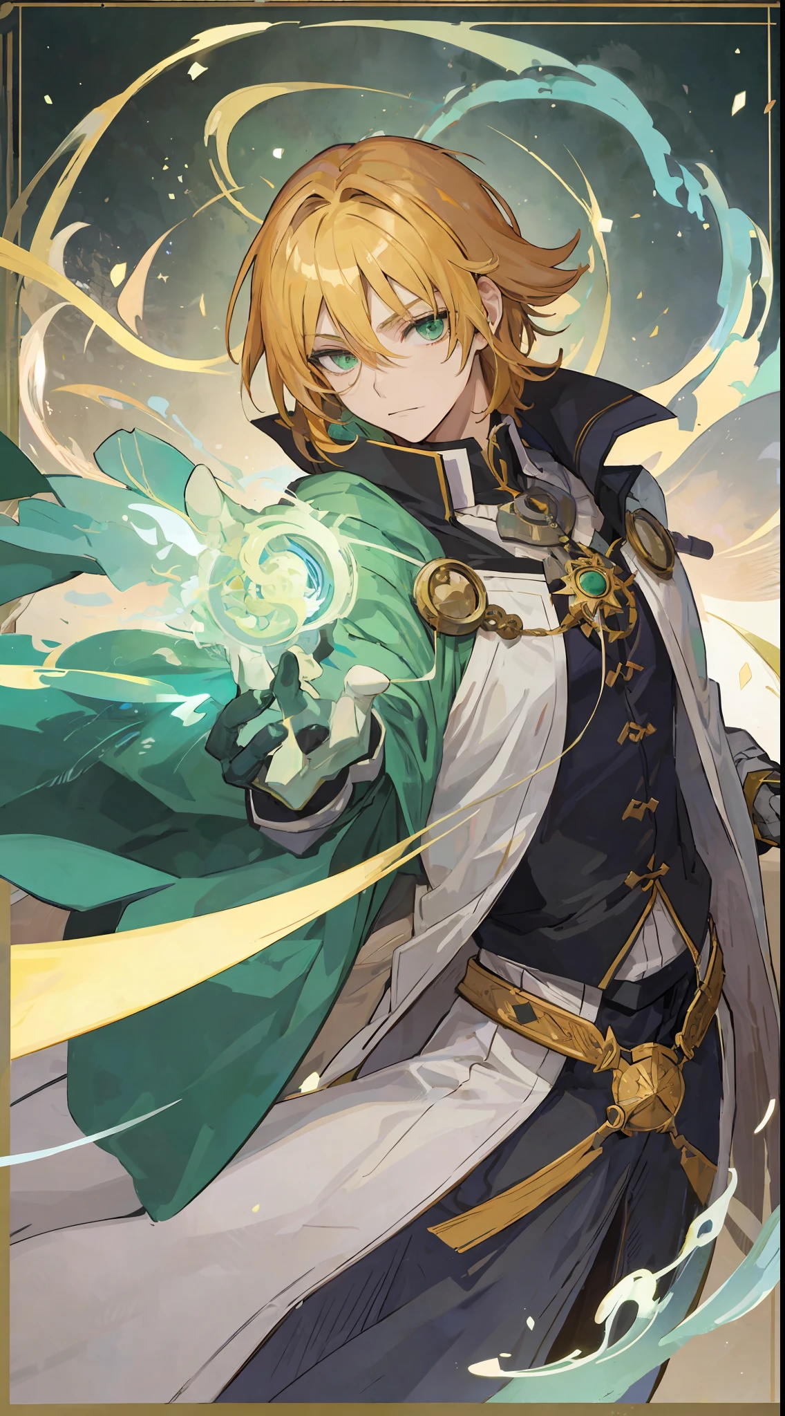 1Man, golden hair, sharp green eyes, he is alchemist, make it like tarot anime-style but no frame