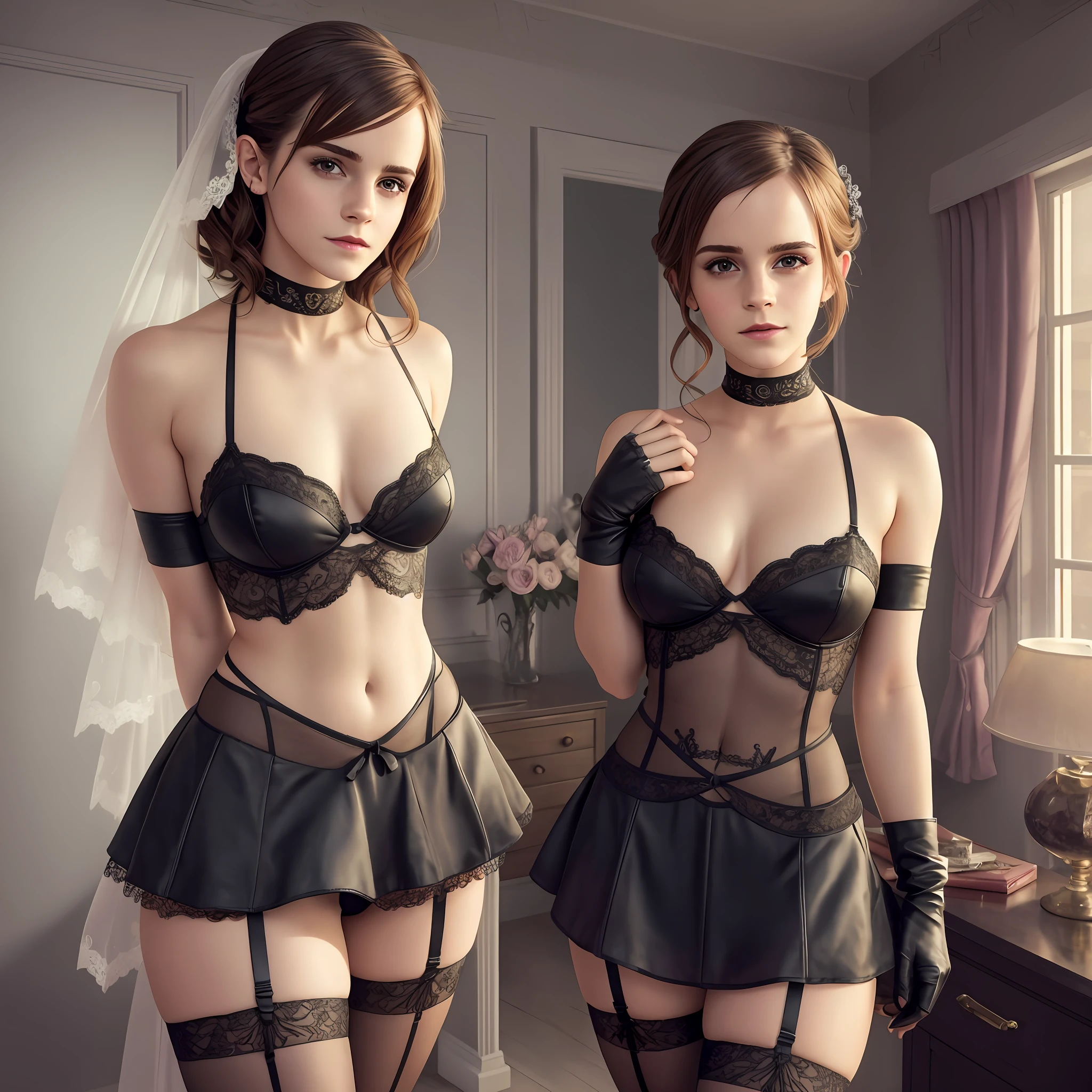 emma watson, sexy, full body shot, shot from behind, bedroom, stockings, heels, corsait, bride, miniskirt, sexy lace clothing, gloves, lipstick, hot attractive female, detailed face, perfect body, bondaged, shibari, handcuffed hands behind backs, late hours, high resolution, best quality, 4k, looking at viewer --auto --s2