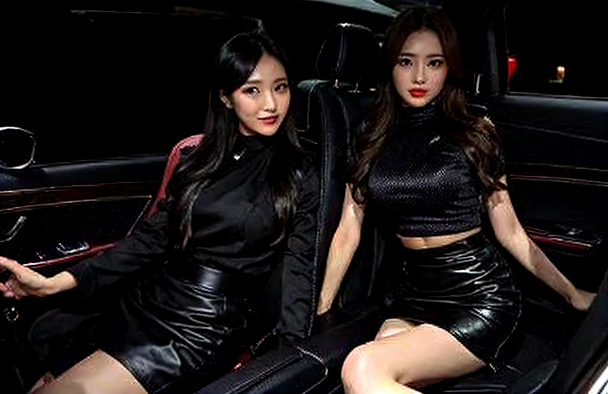 Luxury car seat, 21 year old Hong Kong girl, cool look, long brown hair, satin fabric lifting shirt, black leather mini skirt, high heels, night, looking at camera