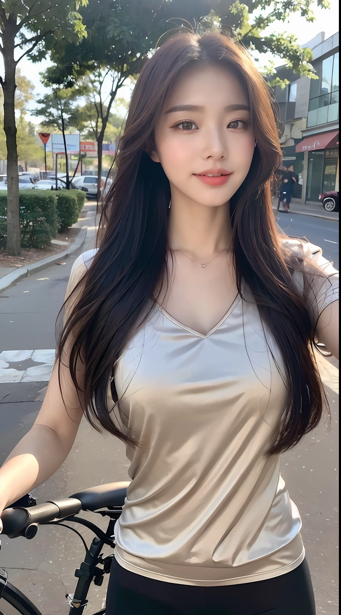 (1 Korean star on a bicycle), (Top Quality, 8k, Masterpiece: 1.3)), Focus: 1.2, Perfect Body Beauty: 1.4, (Smile), (Street: 1.3), Highly Detailed Face and Skin Texture, Fine Eyes, Double Eyelids, Whitening Skin, (Big Wave Hairstyle: 1.3), (Round Face: 1.5), (Gorgeous Evening Wear: 1.4),