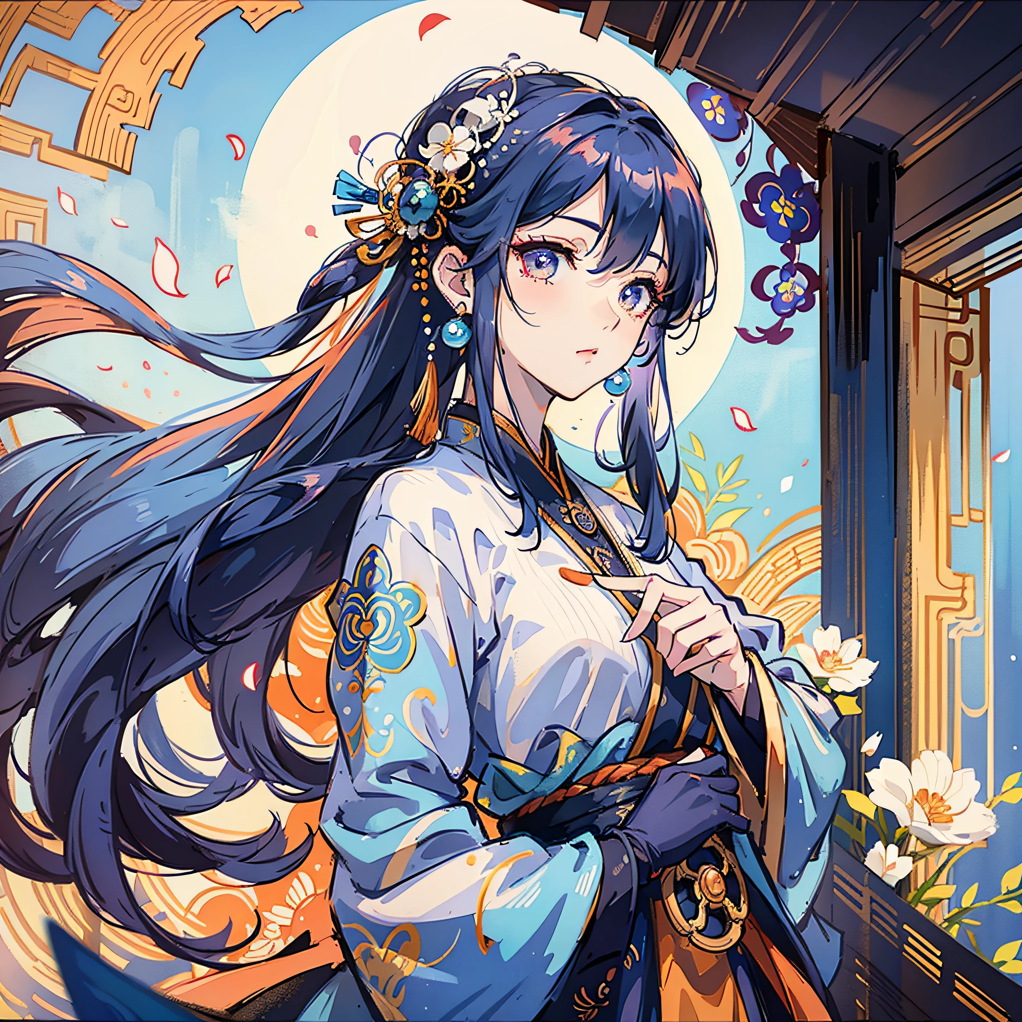 Mature girl , dark orange eyes, blue and white hair color, floating hair, delicate and smart eyes, intricate damask hanfu, gorgeous accessories, wearing pearl earrings, fov, f/1.8, masterpiece, ancient Chinese architecture, blue sky, flower petals flying, front portrait shot, Chang'e, side lighting, sunlight on people, 8K --auto --s2