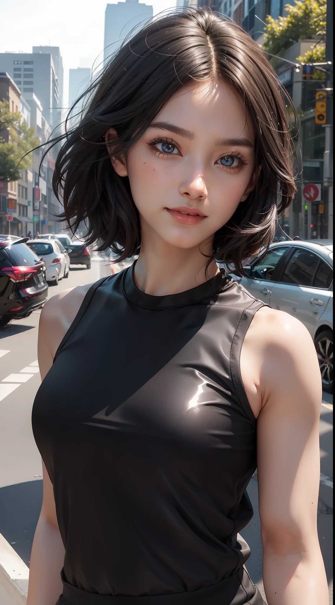 upper body, masterpiece, best quality, raw photo, photorealistic, big, face light, shiny skin, high resolution, ultra detail, detail, detailed eyes and face, sharp pupils, realistic pupils, sharp focus, shiny skin, cute smile, black hair, sporty clothes, medium hair