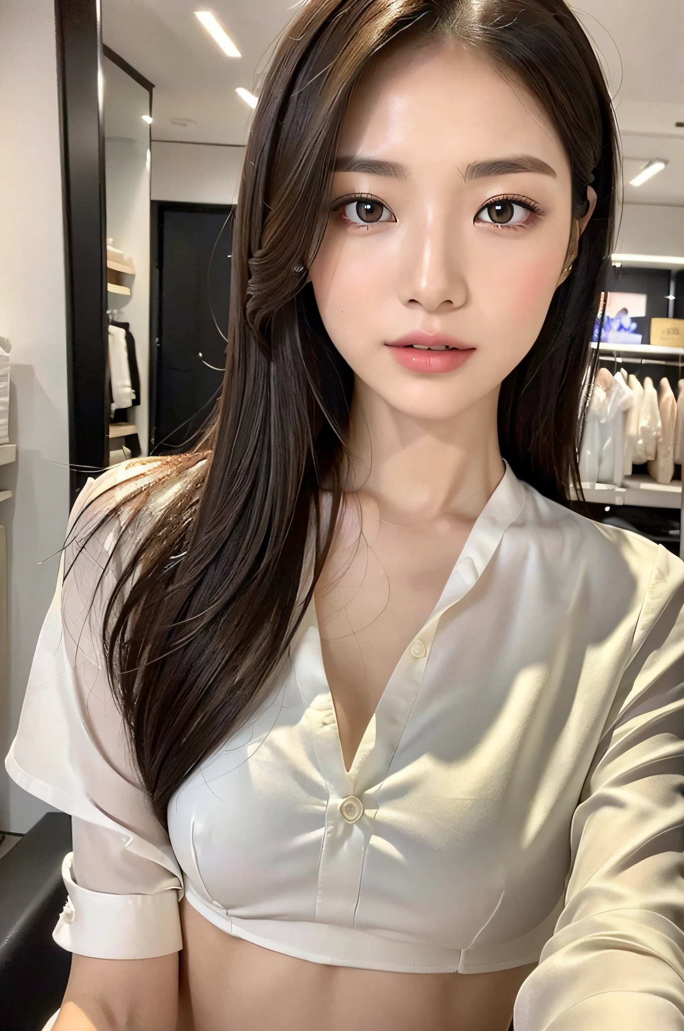 (Masterpiece:1.3), (8K, Photorealistic, RAW Photography, Best Quality:1.4), Sharp Focus:1.2, Beautiful Woman with Perfect Body:1.4, Slim Abdomen:1.2, (((Layered Haircut)), ((Big:1.4))), (No Bra), (Thin and Damp Buttons Up to Shirt Length: 1.1), ((Wearing extreme microstrings of white silk)), (She has a beautiful face, beautiful hairstyle, perfect slim figure, double eyelids, thin pubic hair, small and beautiful hard, very detailed face and skin texture, detailed eyes, realistic eyes, beautiful detailed eyes, (realistic skin), attractive, ultra high resolution, ultra-realistic, very detailed, golden ratio, (detal face: 1.2), looking at the viewer, smile, full body shot, open white shirt, ( She enjoys shopping at department stores).