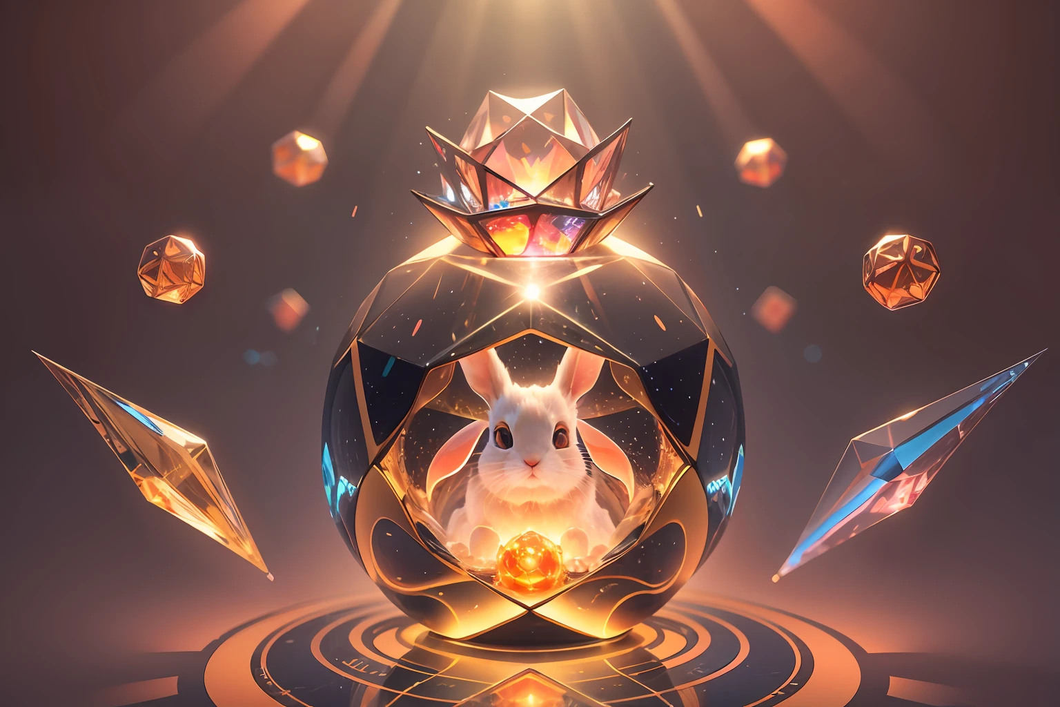 A big-eyed rabbit made of peach-colored glass, surrounded by platonic solids made of opalescent glass, illuminated by a reflector from behind. Swirl of background colors. Surrealist concept. Realistic ray tracing. --auto --s2