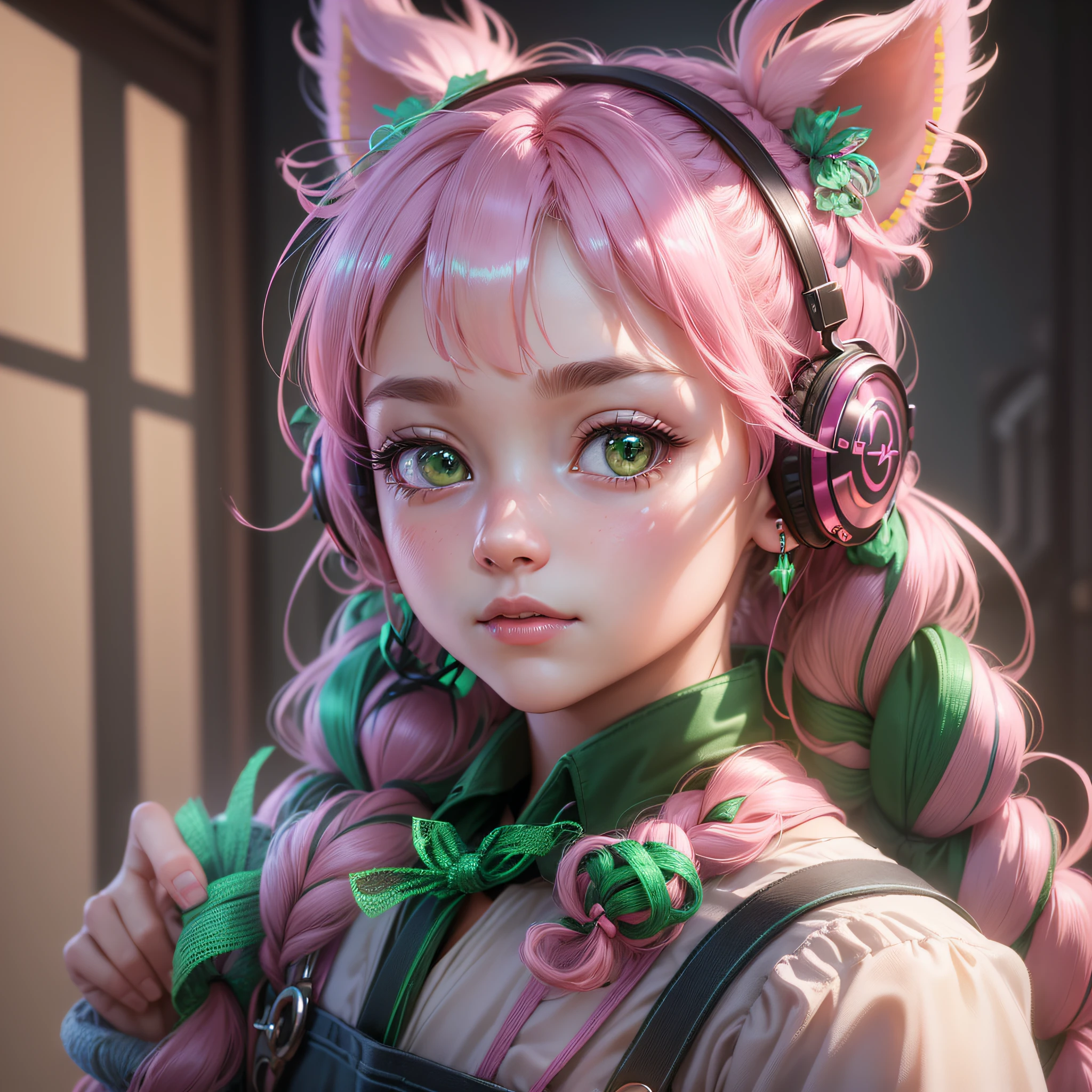 (Extremely detailed CG Unity 8k wallpaper, masterpiece, best quality, super detailed), (best lighting, best shadow, extremely delicate and beautiful), floating, [(Headbands, earrings, (green: 1.5|red: 1.2) braided pig's tail hair with kitten headphones, (pink: 1.3) overalls) :: 0.8] --auto --s2