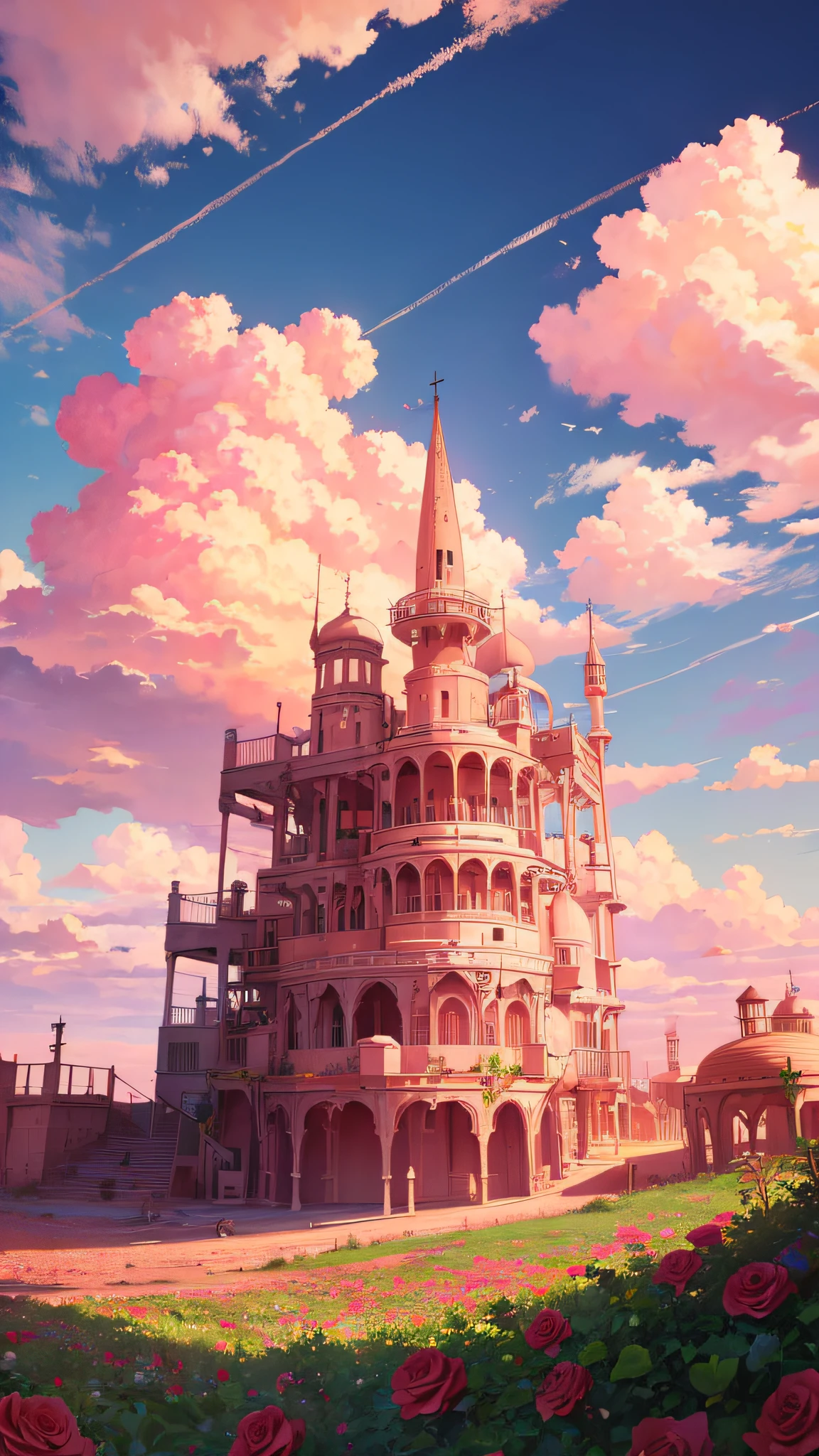 Summer, desert, pink clouds, a land overgrown with roses stands beautiful girl, James Gurney, art station rendered, ultra-wide lens, high definition