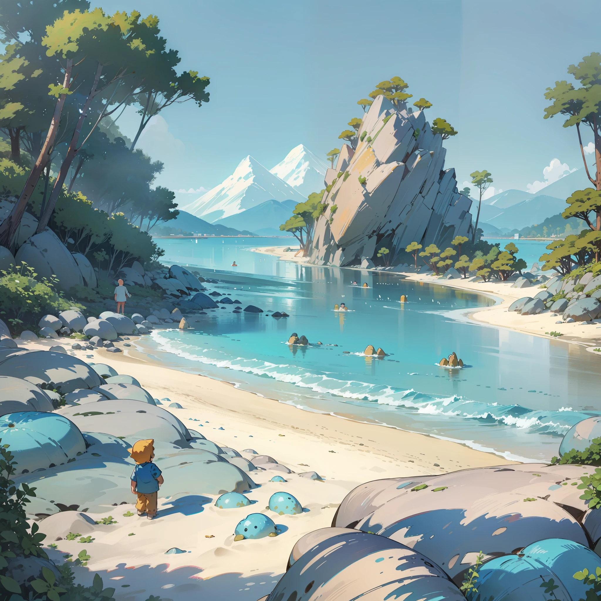 beach, clear water, forest, half beach, half sea, a hundred people on the beach, little man, bubbling, ray tracing, sand, reef, faint mountains in the distance, comics, 3d rendering, cartoon, cute style, sunny, outdoor, detailed, 4K, HD, high quality