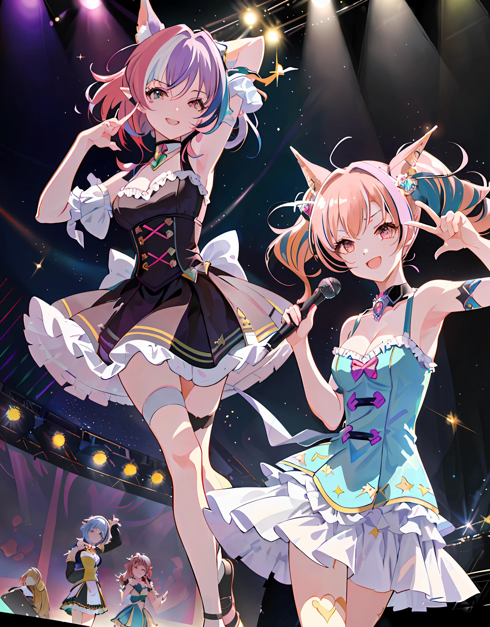 Masterpiece, Best quality, Best resolution, Divine drawing, trending style, ((Perfect human hand, 5 fingers))), Perfect human body, Dynamic angle, Upper body, 2 girls, Smile, Wolf ears, Wolf tail, Pink eyes, Hair between the eyes, (((((Wink)))), D Cup, cleavage, Striped hair, (((((Colorful hair color: 1)))), Variegated hairstyle: 1, Twin tails, ultra-detailed gradient hair, idol costumes, professional designers, ruffled dresses, love live, The Idolmaster, jewelry, backstage, best stage, climax: 1, professional stage, (holding the microphone in your left hand and singing emotionally, overflowing emotions, best smile))), singer, vocalist: 1, idol, diva, professional stage, professional lighting, Live lighting, averting the gaze, fan service, (((Satellite photo seen from the audience)))), (((Panchira, cute panties)))