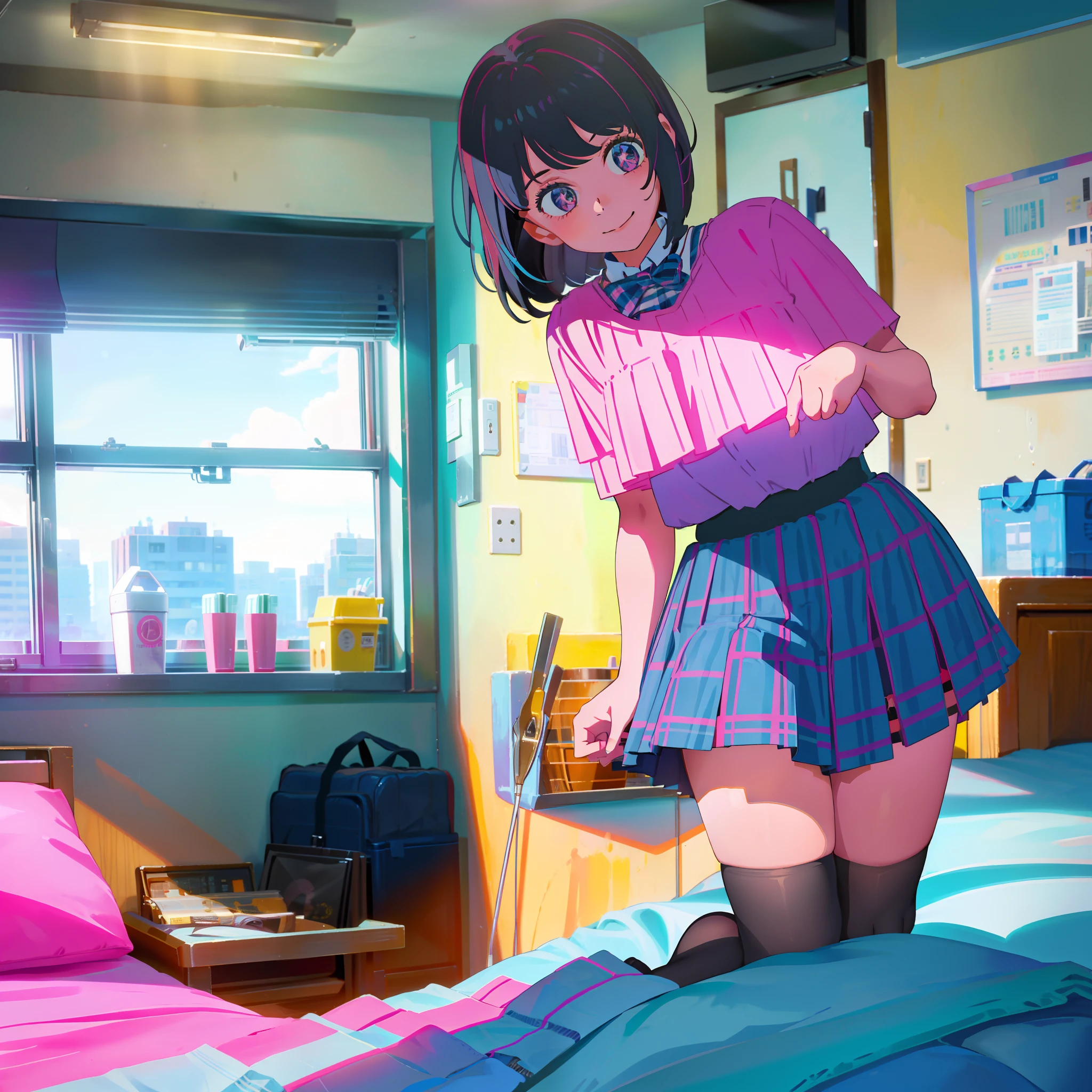 Beautiful girl, very cute, baby face, high school student, mini skirt, plaid skirt, striped knee socks, upper body is lightly dressed, girl's room, open legs, black hair, bob cut, big, healthy beautiful legs, light blue panties, inviting smile, upward eyes