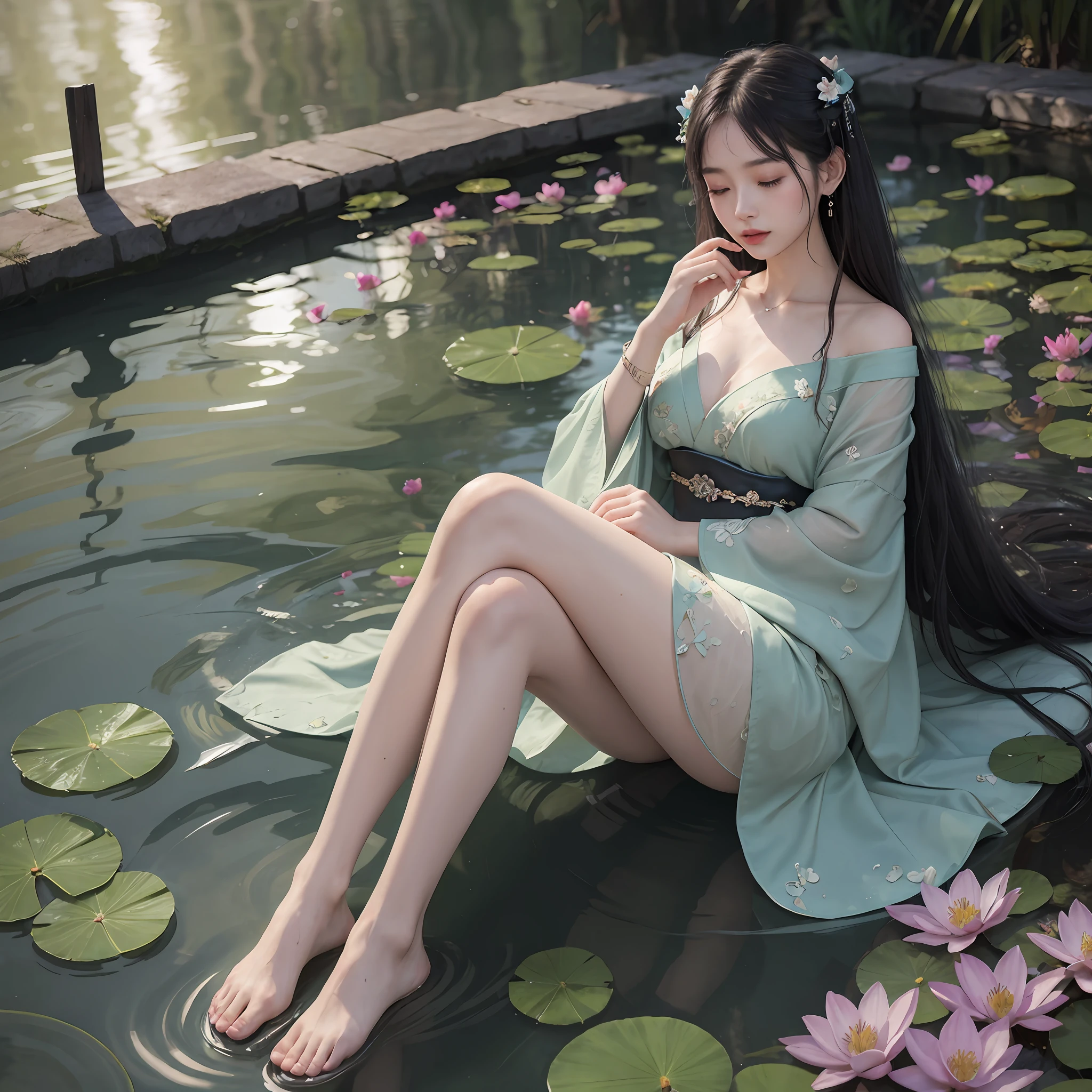 Dark green hanfu, a woman, cold, fair skin, sea of flowers, pond, petals floating on water, lilies, collarbones, closed eyes, dark background, moonlight, hairpins, jade pendants, hanfu, delicate face, hair accessories, rosy lips, skirts, belts, jewelry, long hair, earrings, hair strands, perfect body proportions, wet, slender legs, bridges, soles of feet --auto --s2